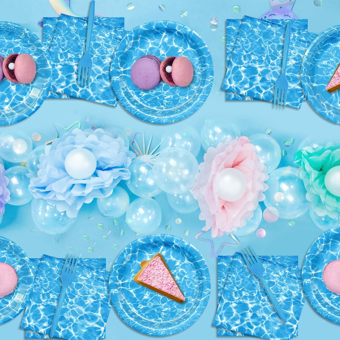 96 Pieces Ocean Wave Tableware Set Party Supplies - Water Pattern Themed Disposable Dinnerware with Paper Plates, Napkins, and Forks for Pool Parties