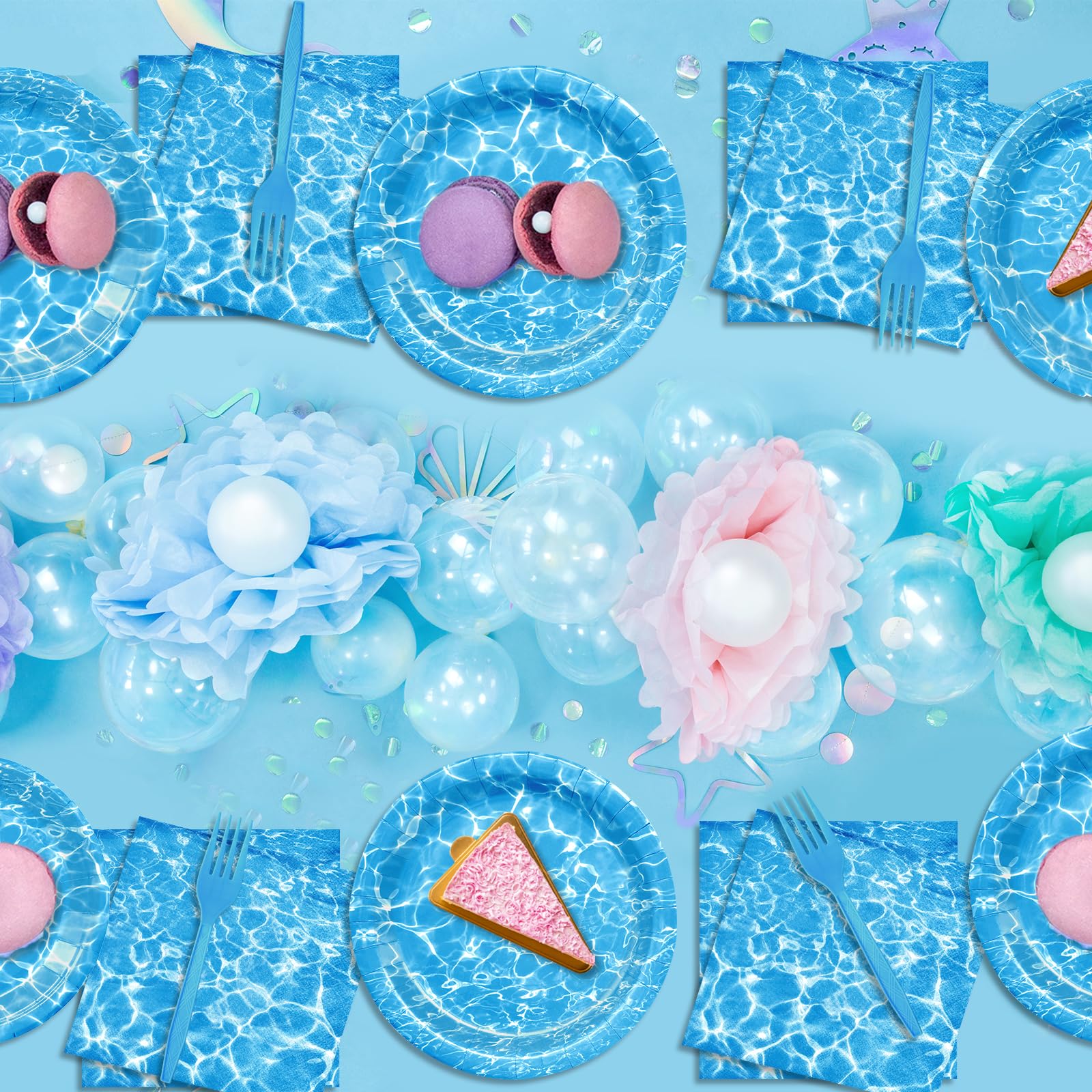 96 Pieces Ocean Wave Tableware Set Party Supplies - Water Pattern Themed Disposable Dinnerware with Paper Plates, Napkins, and Forks for Pool Parties