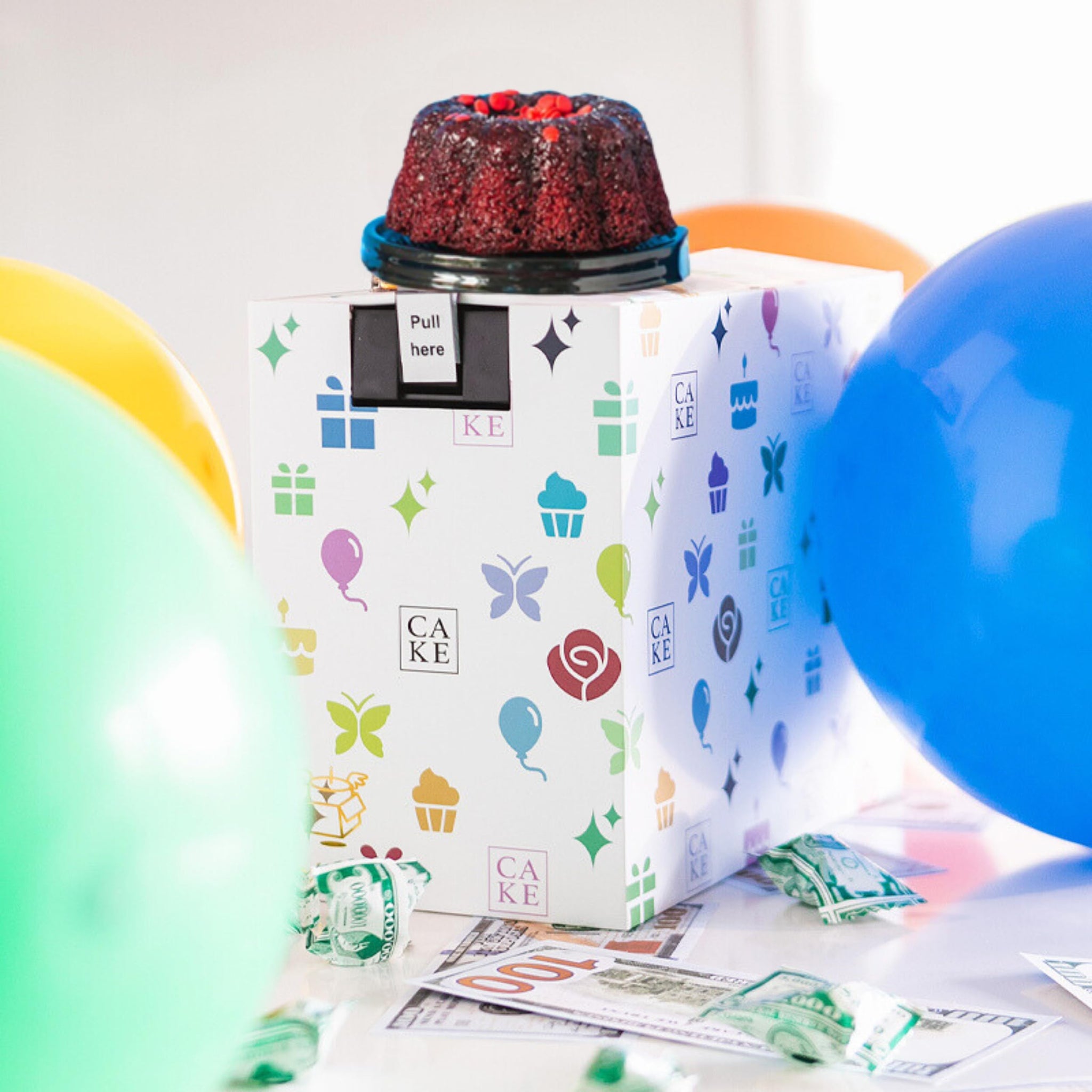 Celebration Billionaire Explosion Cake Box by Send A Cake, Ready-to-Gift Surprise with Mini Bundt Cakes, Candies & Music - Fun Birthday & Party Gift
