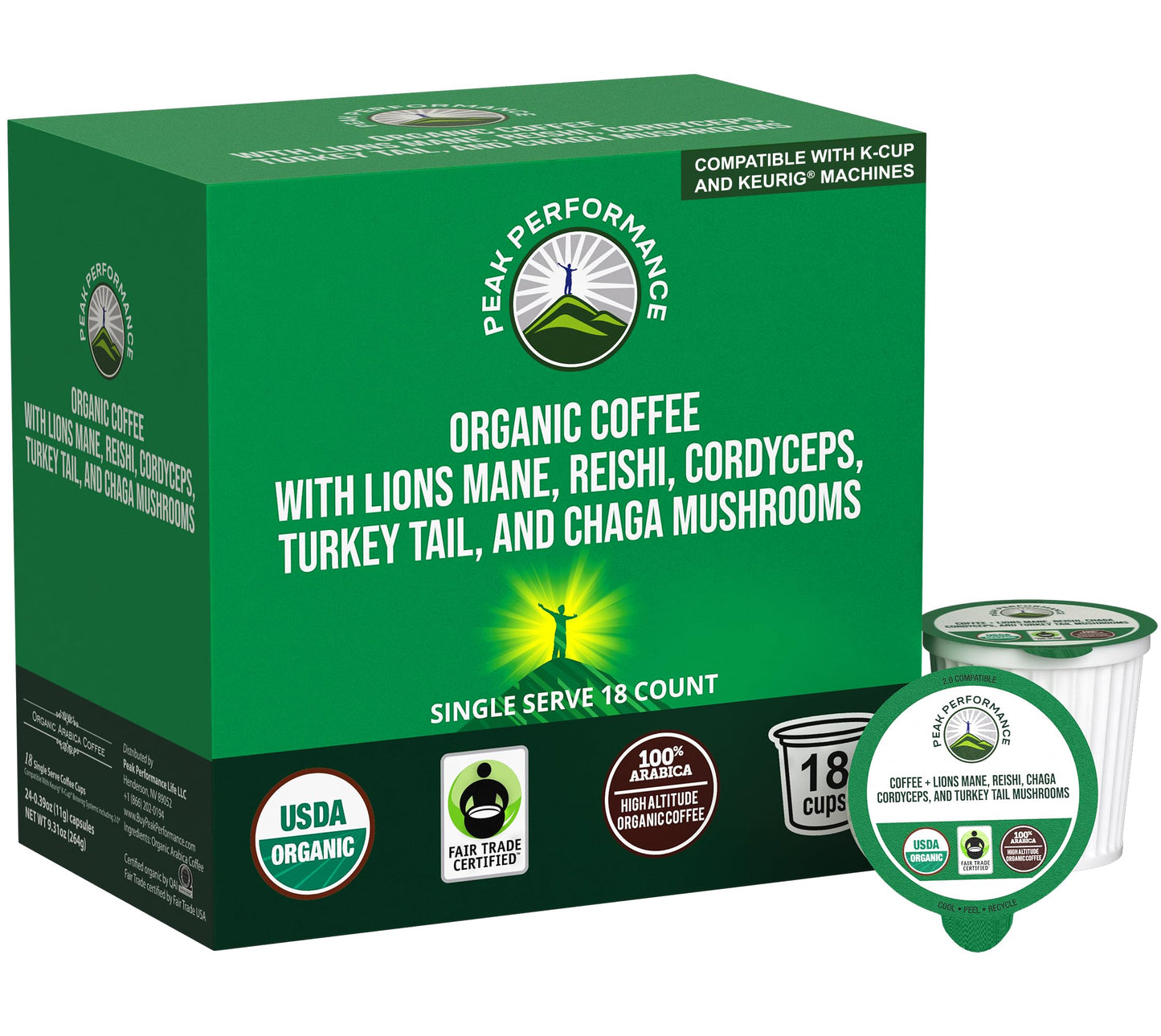 Organic Mushroom Coffee Pods with Lion's Mane, Reishi, Cordyceps, Turkey Tail, and Chaga Mushrooms. High Altitude, Low Acid, Smooth Tasting, Fair