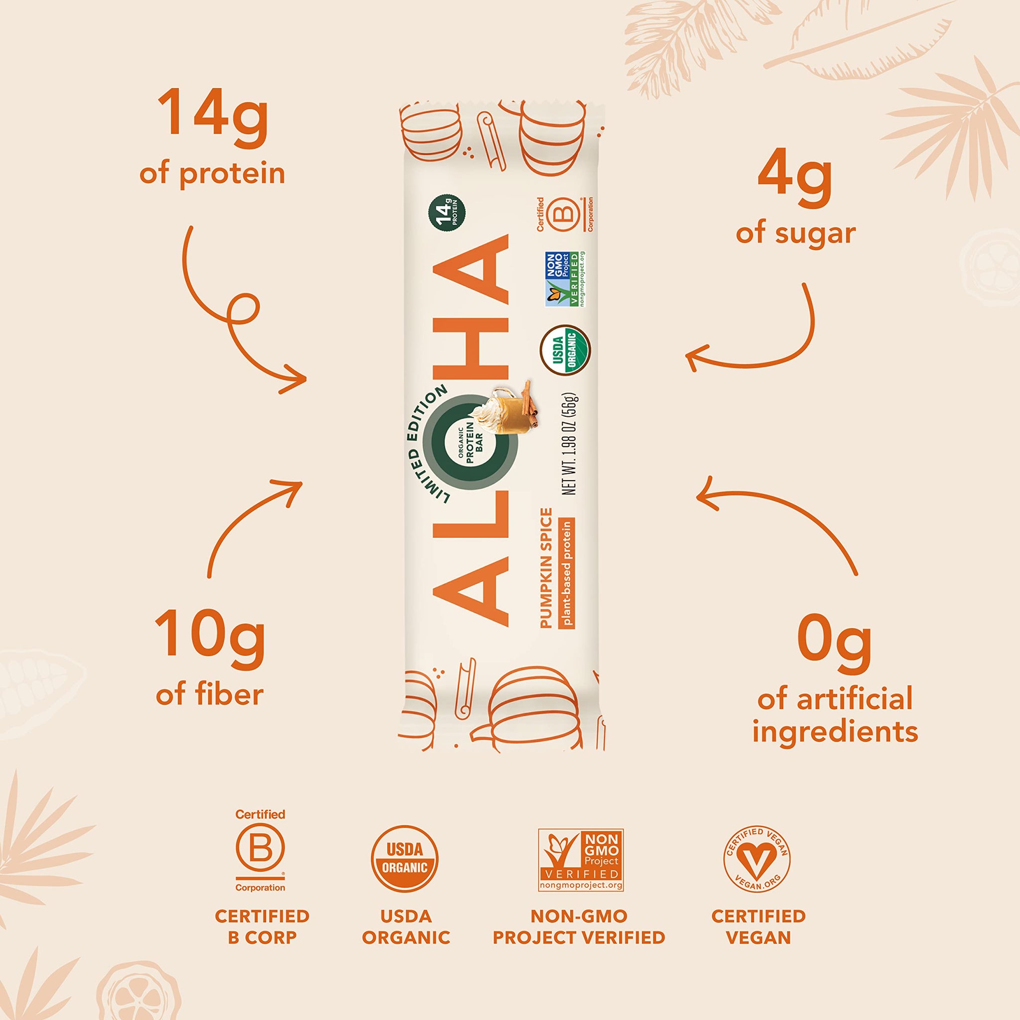 ALOHA Organic Plant Based Protein Bars - Pumpkin Spice, Vegan, Low Sugar, Gluten-Free, Low Carb, Non-GMO, No Stevia, No Erythritol - LIMITED EDITION