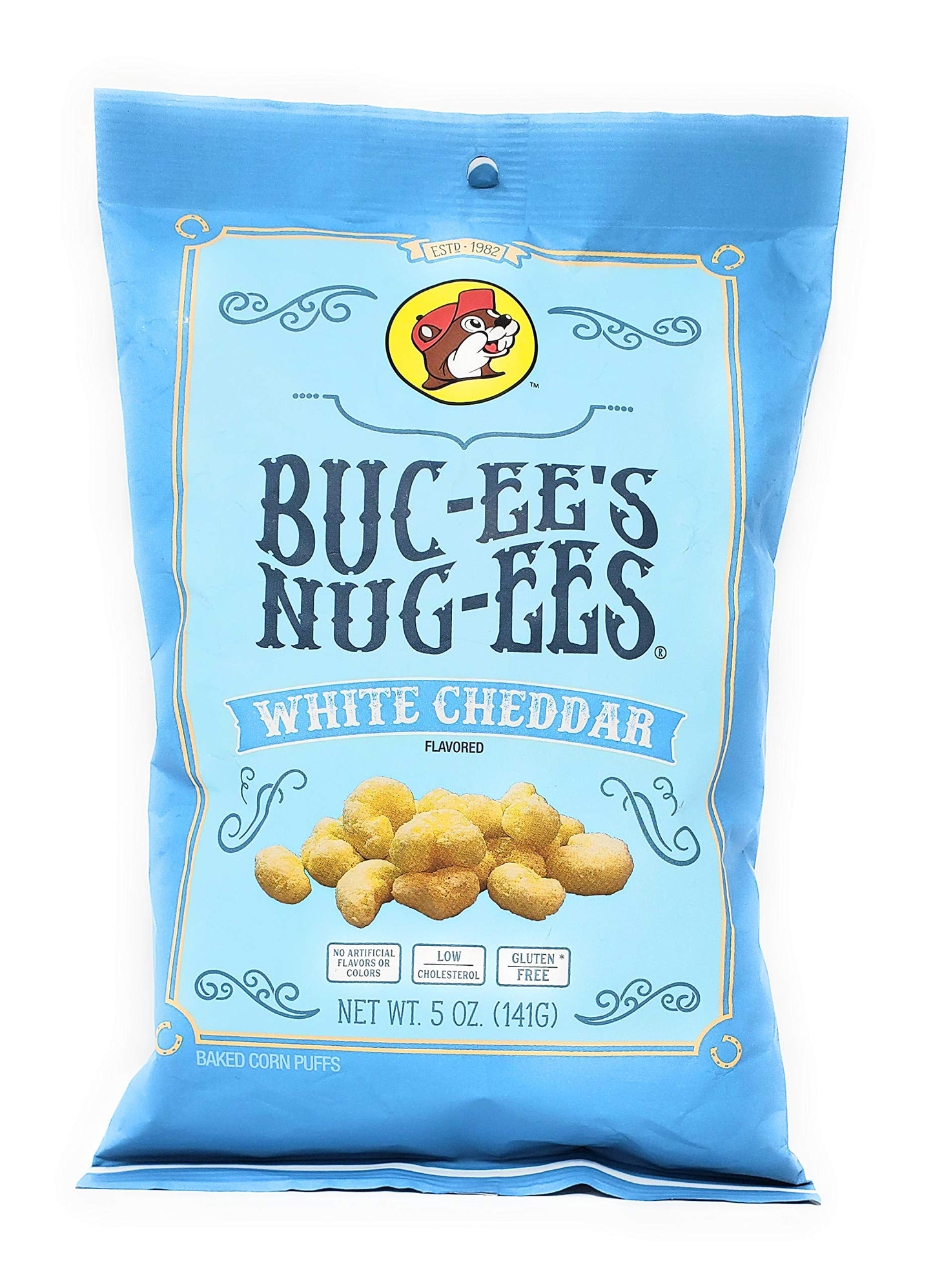 Buc-ee's Nug-ees: White Cheddar Flavored Powdery Cheese-Flavored Beaver Nuggets Sweet Corn Puff Snacks From Texas, Gluten Free, 1 Bag of 5 Ounce