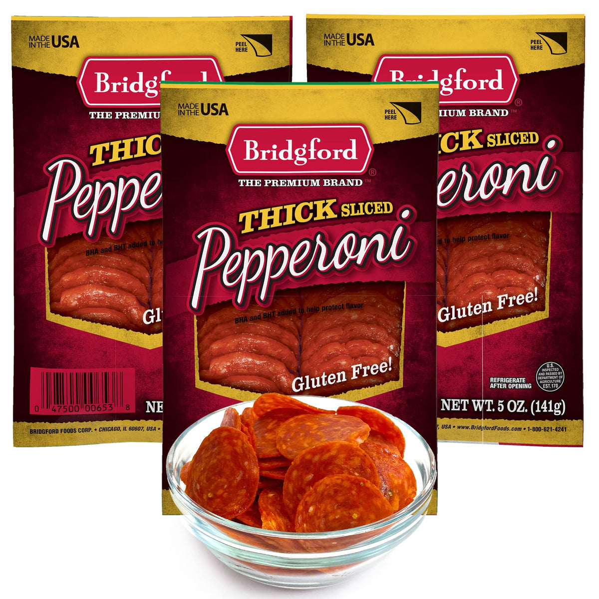 Bridgford Thick Sliced Pepperoni 5 oz Pack of 3 - Thick Pepperoni Slices for Pizza and Sandwiches - Zero-Carb Thick Sliced Pepperoni for Keto Diets