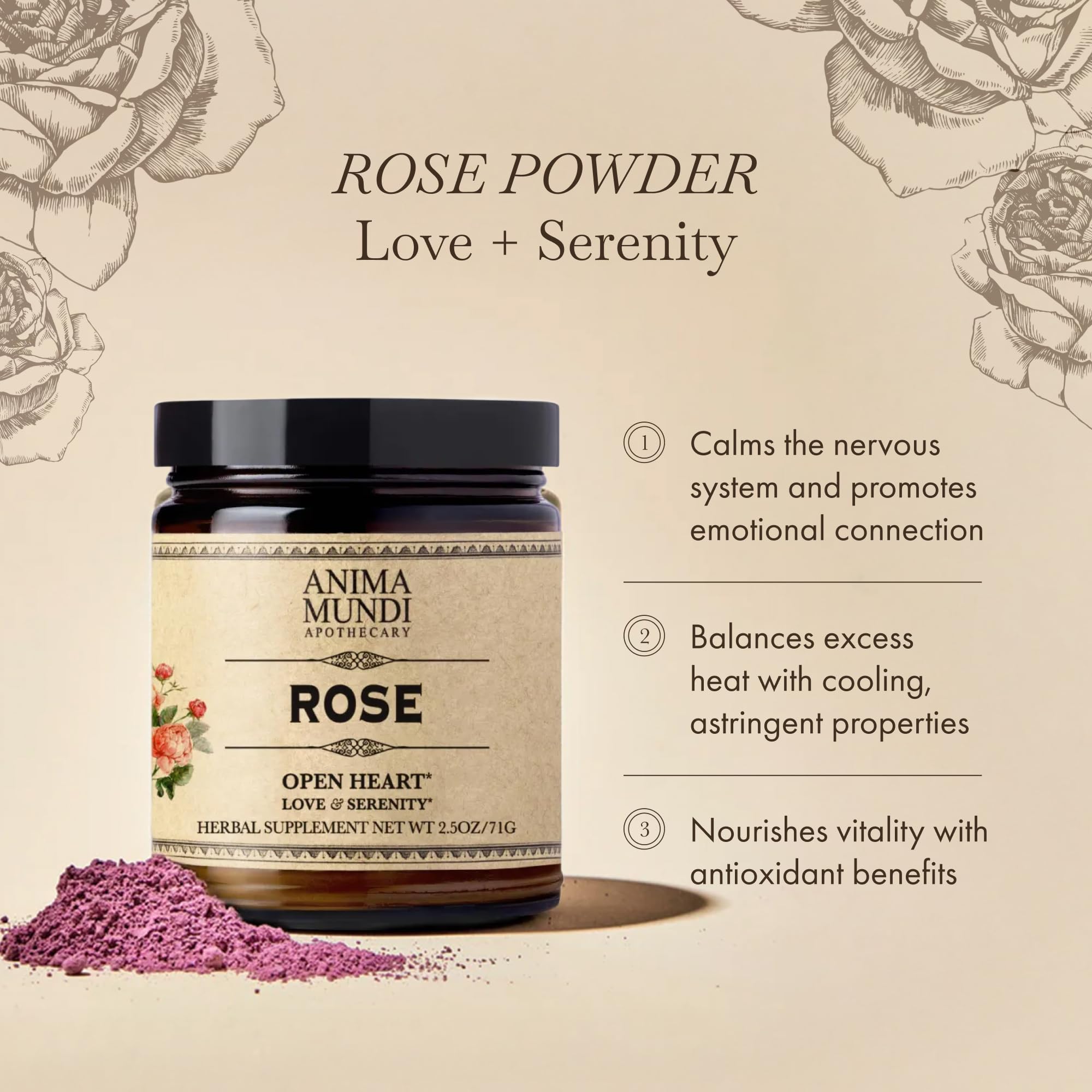 Anima Mundi Apothecary Love + Serenity Rose Petal Powder - with Edible Dried Rose Petals & Buds - for Heart Chakra - Fluffy, Aromatic Blend for Teas