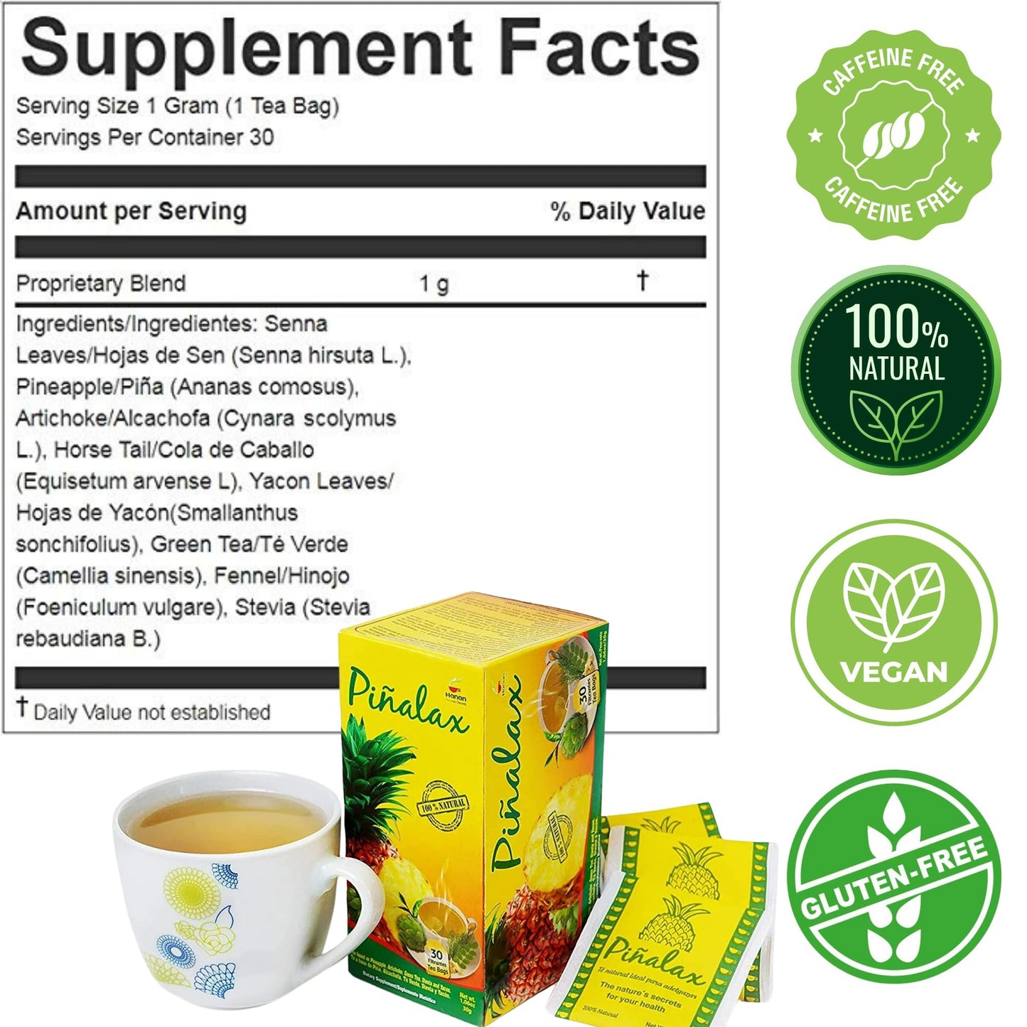 Piñalax 30 Teabags Herbal Tea of Pineapple, Artichoke, Green Tea, Stevia, Yacon Leaves, Senna, Horsetail and Fennel from Peru