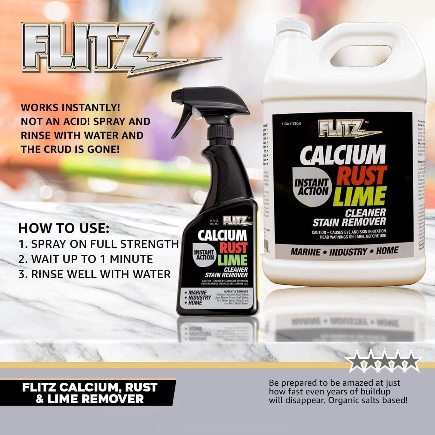 FLITZ Calcium, Rust, & Lime Remover - 1 Gallon Bottle of USA-Made Limescale Remover for Toilets, Showers, and More - Powerful Spray that Instantly