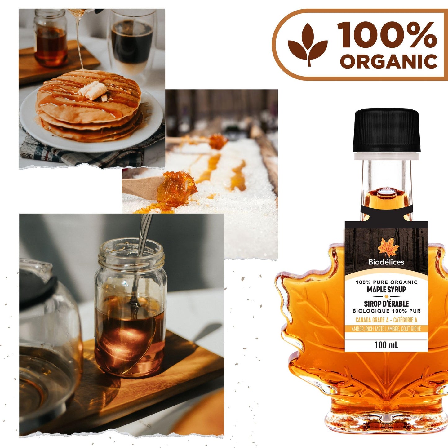 100% Pure Organic Maple Syrup - Premium Grade A - Quebec's Finest in Elegant Maple Leaf Bottle from Biodélices (3.38 Fl Oz (Pack of 1), Maple (CA