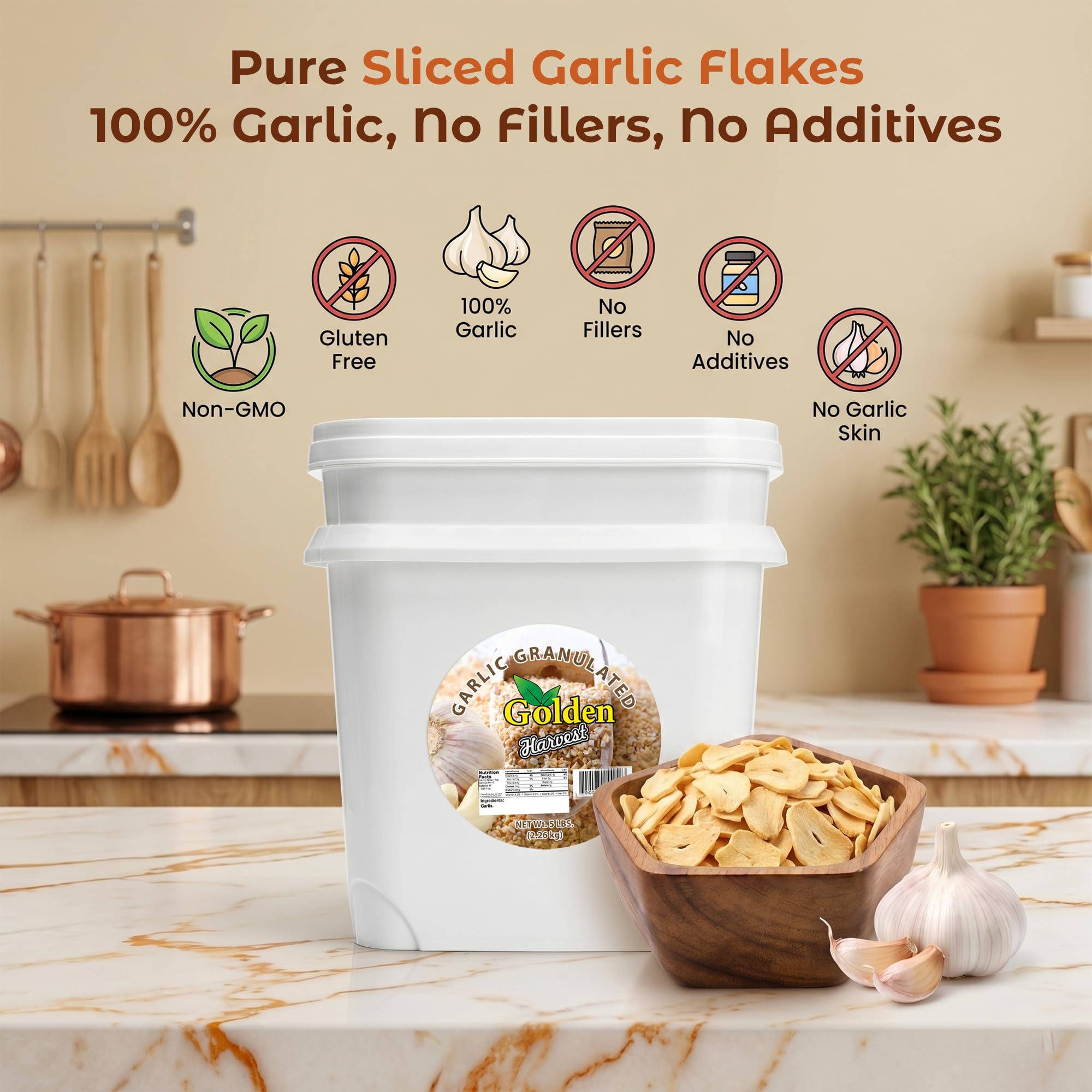 Golden Sliced Dried Garlic Flakes | Non-GMO & Gluten Free | No Additives | Ideal for Grinding into Granulated Garlic or Powder | Perfect for Rubs