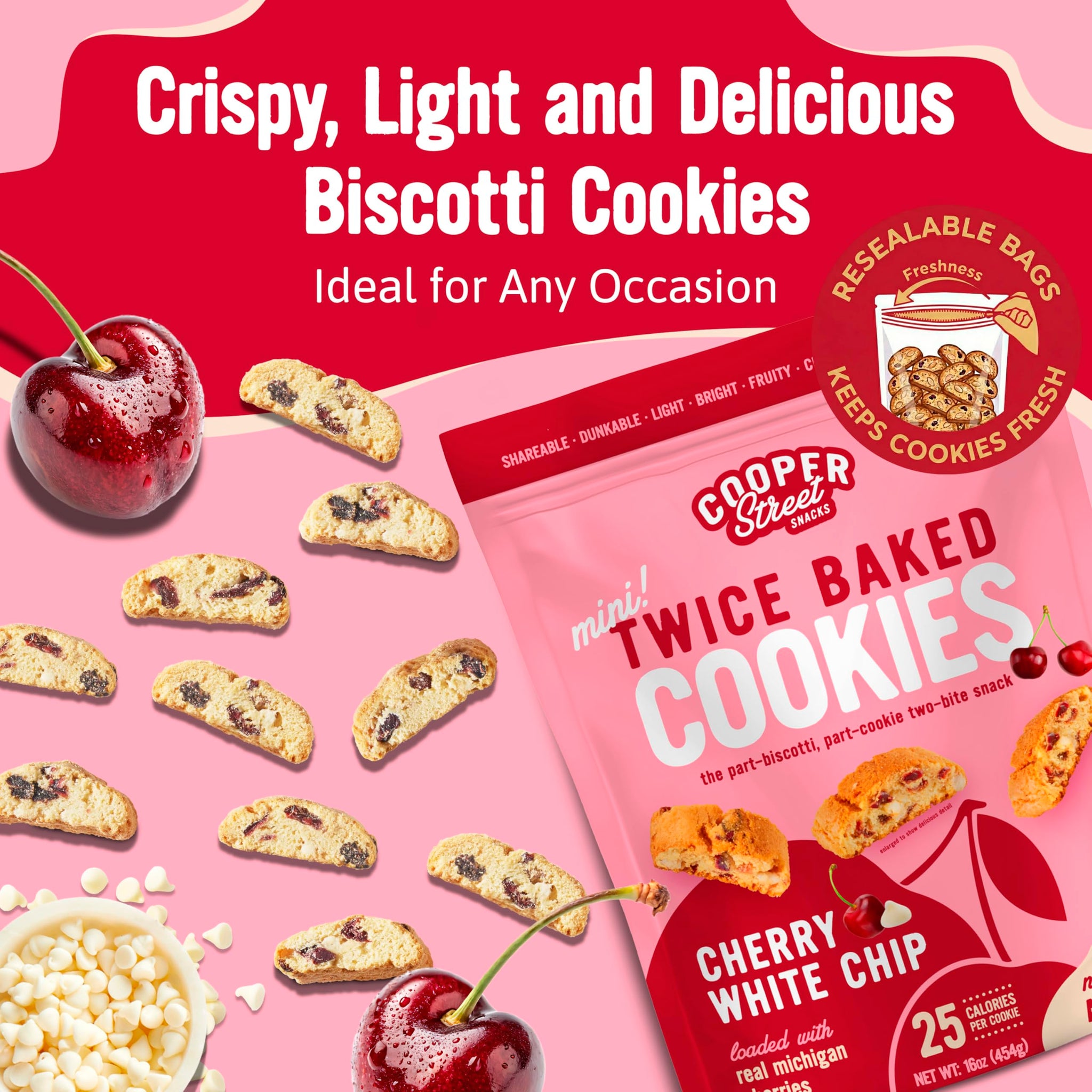 Cooper Street Twice-Baked Cherry White Chip Biscotti Cookies (16 oz) - Over 50 Biscotti Cookies per Bag Loaded with Real Fruit, Traditional Italian