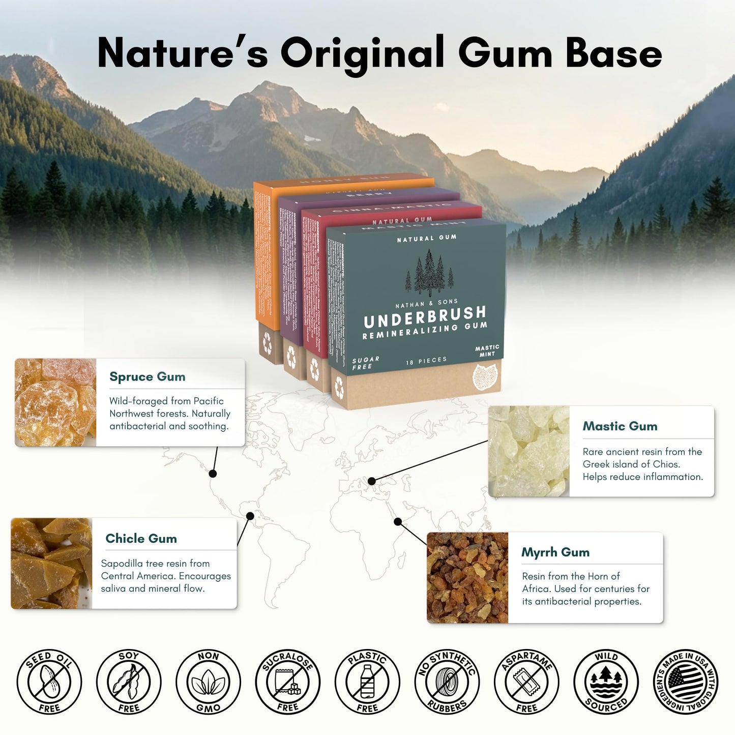 Underbrush Variety Pack Remineralizing Natural Gum, Sugar Free Xylitol Gum with Hydroxyapatite, Supports Fresh Breath and Oral Health, Tree Sap Base