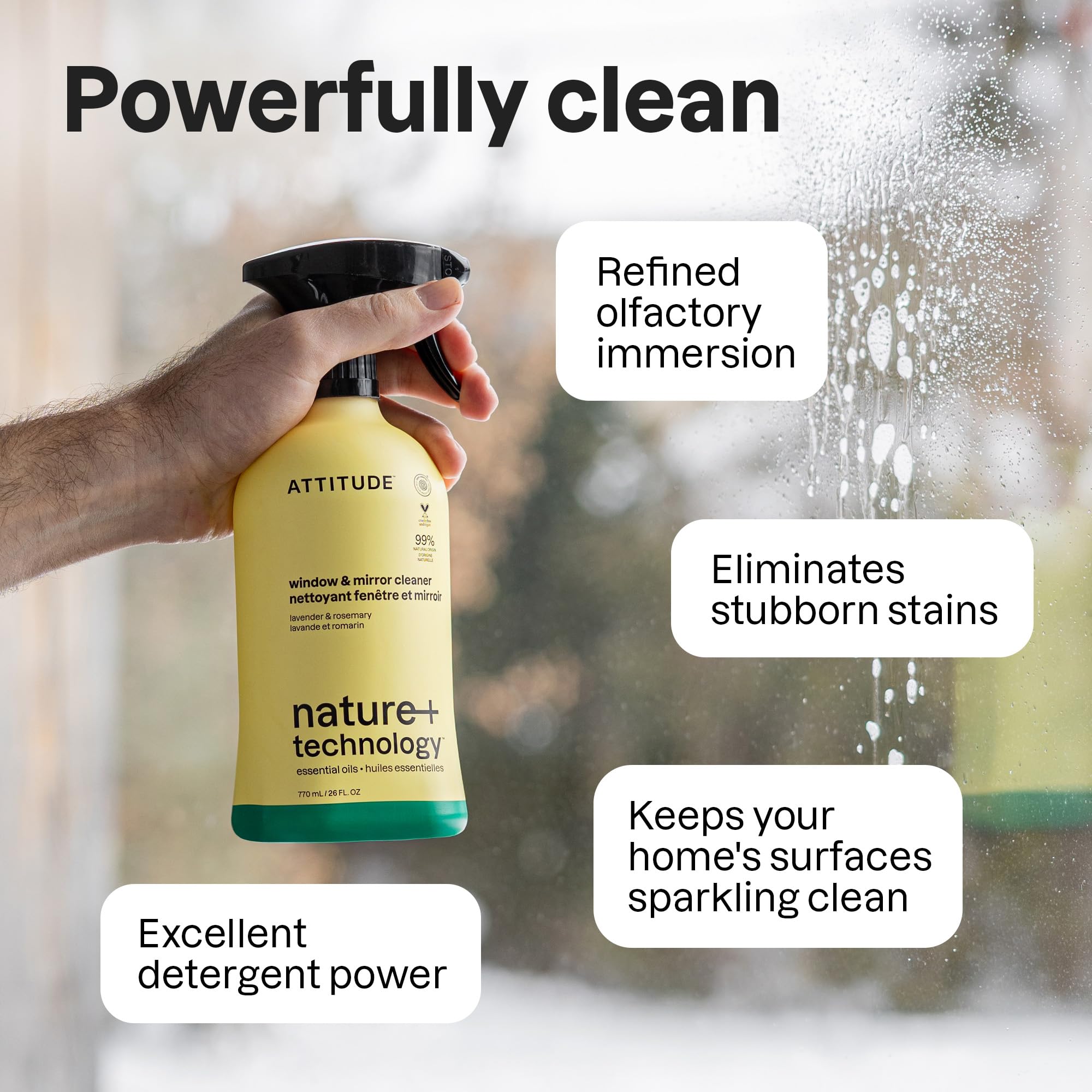 ATTITUDE Window & Mirror Cleaner Spray, Plant-Based Ingredients, EWG Verified, Streak Free, Removes Fingerprints, Dust and Dirt, Lavender & Rosemary
