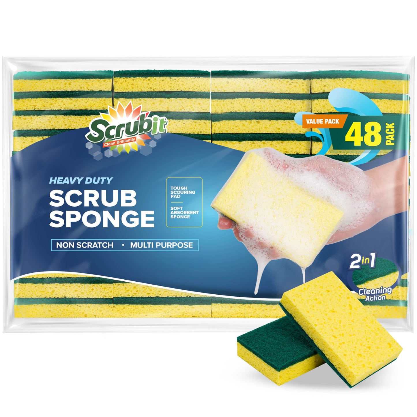 SCRUBIT 48 Pack Heavy Duty Scrub Sponges - Dishwashing Sponge Along with A Tough Scouring Pad - Dual Sided Dish Sponge Ideal for Cleaning Kitchen