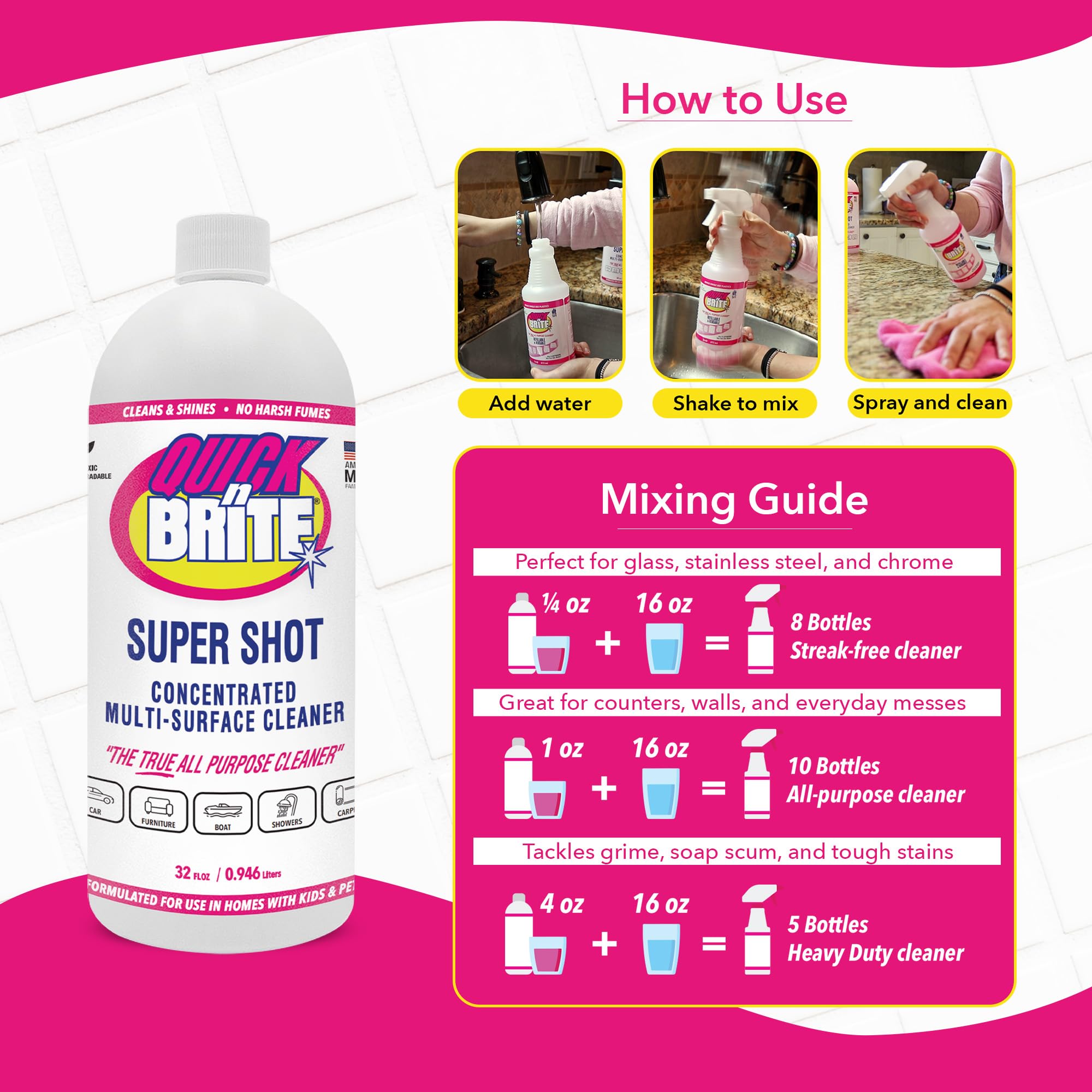 Quick 'n Brite Super Shot Liquid Cleaner, True All Purpose Cleaner, Concentrated, 32 oz