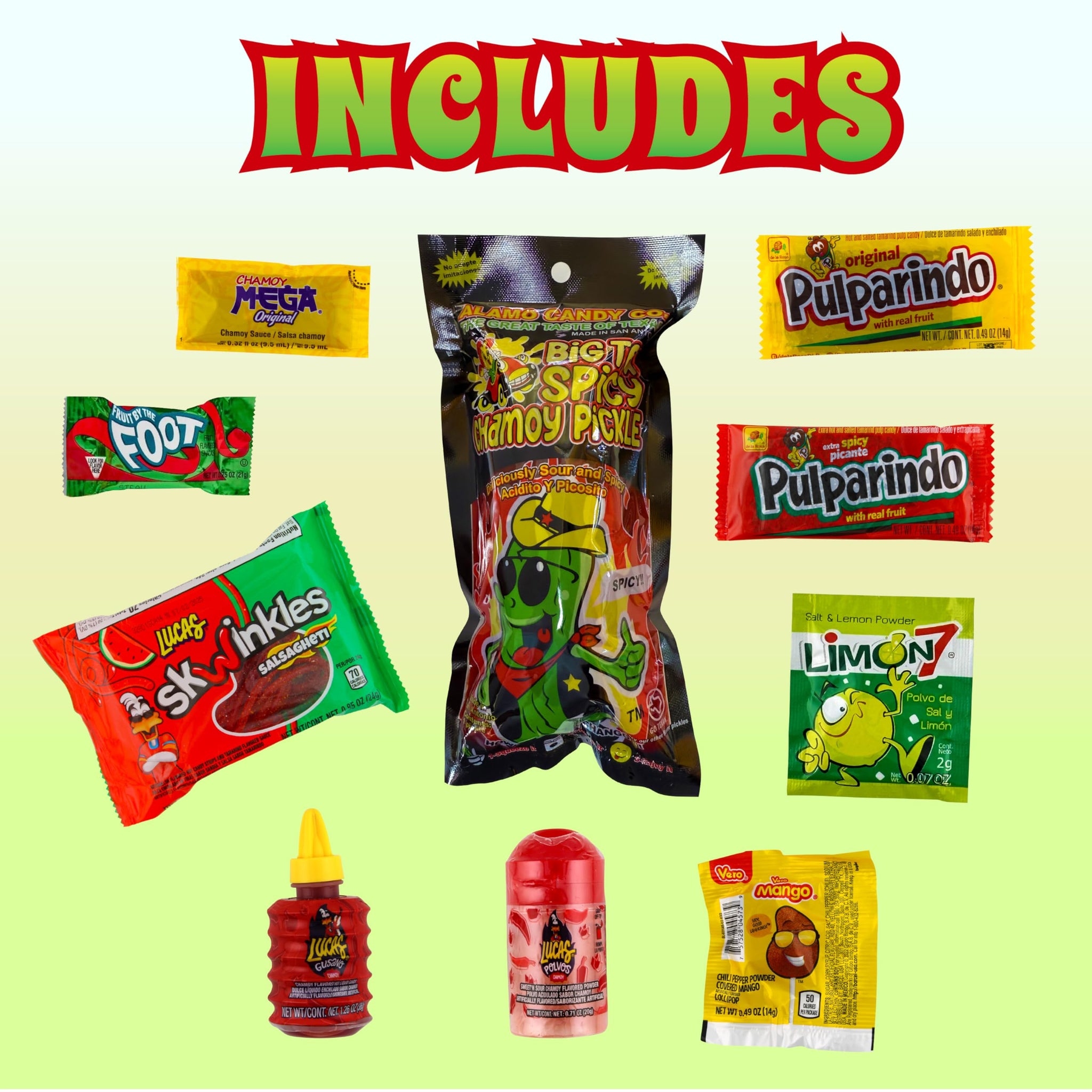 Alamo Hot Spicy Chamoy Pickle Kit, Mexican Candy Mix make the Famous TikTok Trend, (13 Pieces) Includes Original Alamo Spicy Dill Pickle, Baby Lucas
