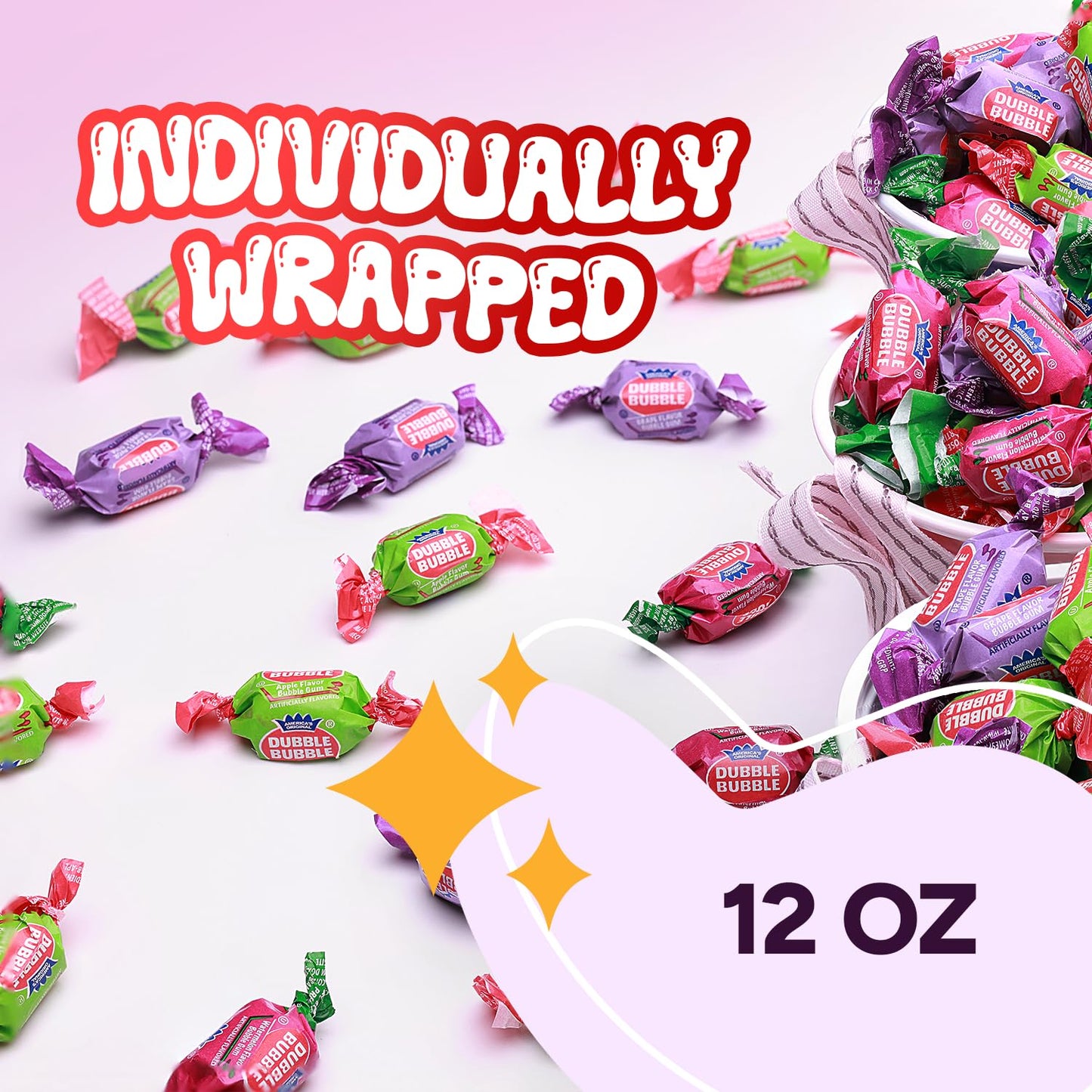 Bubblegum - 12 OZ Bag - Chewing Gum for Kids- Grape, Apple, Watermelon - Individually Wrapped - Great for Party Favors, Goody Bags, Pinata Stuffer