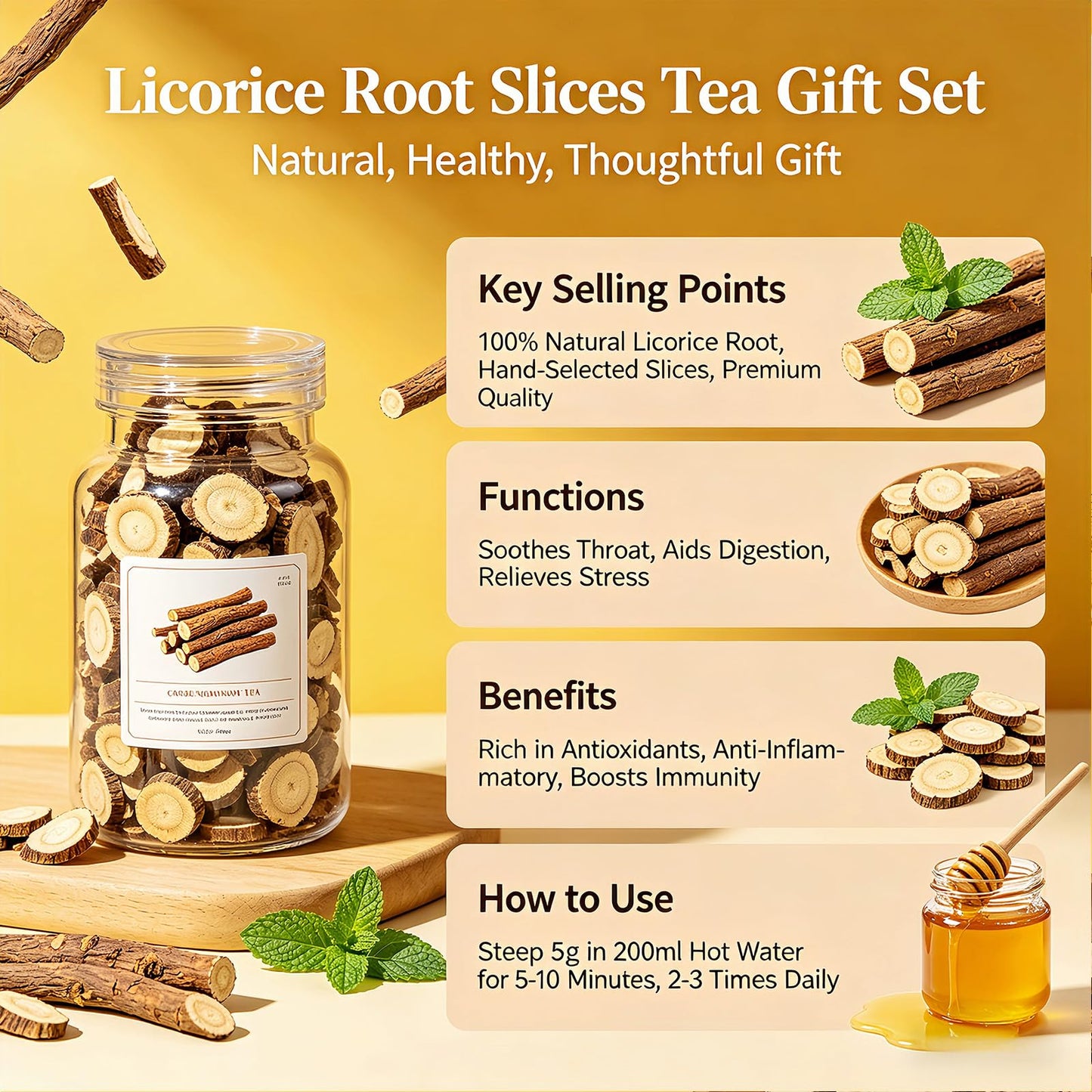 8oz Licorice Root Slices (Gan Cao) - Cut & Sifted, 100% Tea -, Reusable resealable jar