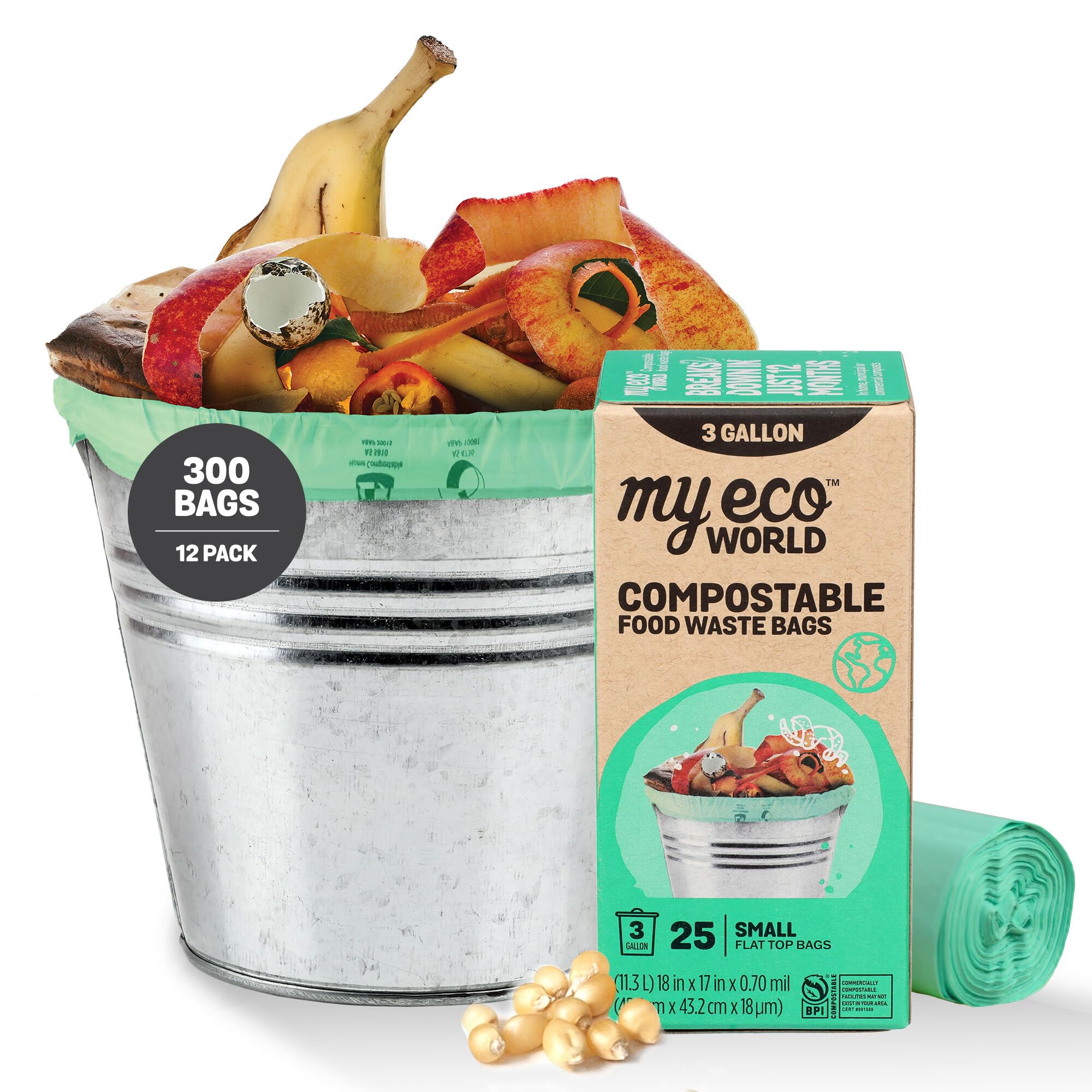 MyEcoWorld® Compostable Kitchen Waste Bags - 300 Count - 100% Certified Compostable - 3 Gallon - Super Strong - Leak Proof - Unscented - Easy to Open