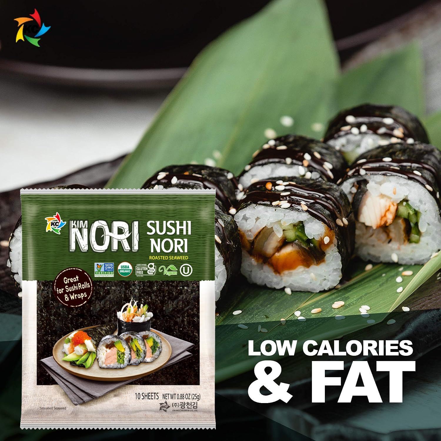 Kimnori Organic Roasted Seaweed Sushi Nori Sheets (10 sheets, 25g) - Professional Grade Full Size Nori for Sushi & Kimbap - California Crafted, Keto