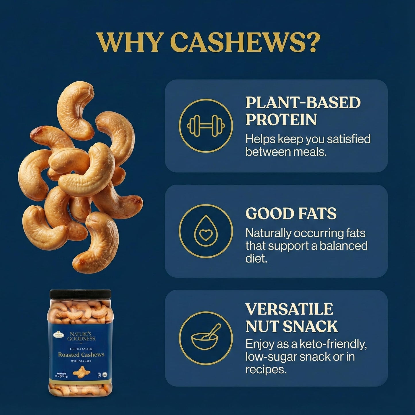 Nature’s Goodness Whole Roasted Cashew Nuts - Lightly Salted with Sea Salt, 30 oz Bulk Jar (1.87 lbs) - No Oil Added, Keto Friendly, Plant-Based