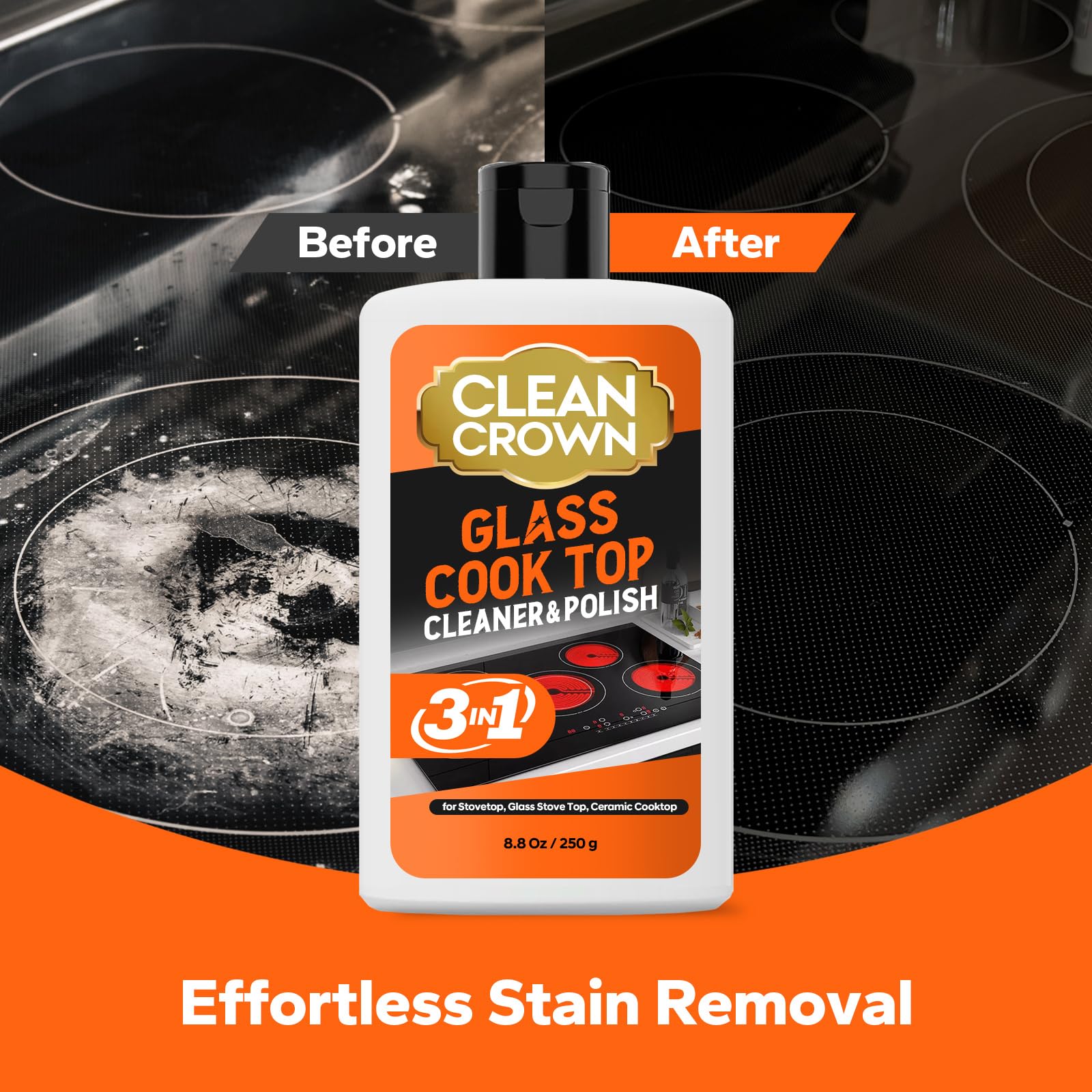 CleanCrown 3-in-1 Cooktop Cleaner Kit (8.8 Oz Cooktop Cleaner + Scrubbing Pad + Scraper), Stovetop Cleaner for Electric Top Stoves, Ceramic Cooktops