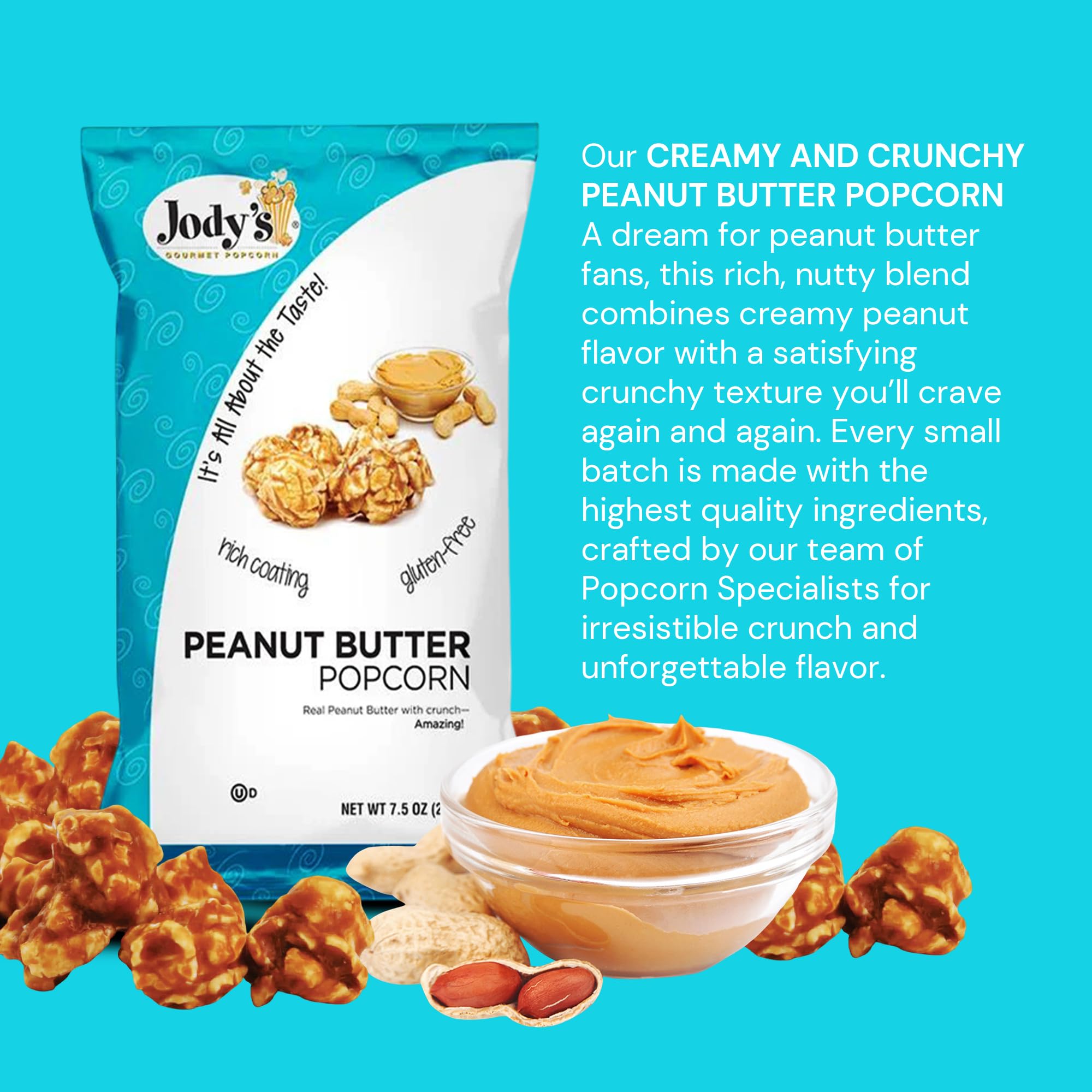 Jody’s Peanut Butter Popcorn 2-Pack Bundle | Gourmet Sweet & Nutty Snack Bags | 7.5oz Each | Crunchy Coated Kernels with Creamy Peanut Flavor |