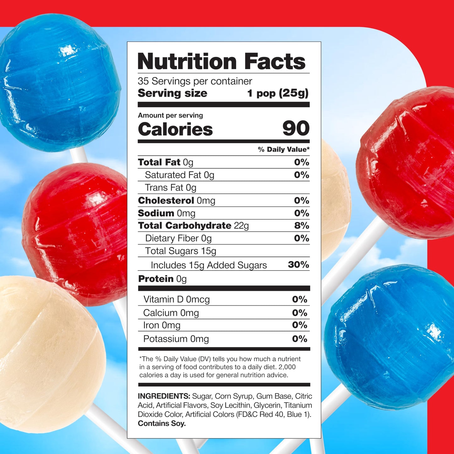 Patriotic Candy - 2 Pound Bulk Pack (35 Count) - Fourth of July Lollipops - Red White Blue Candy - Individually Wrapped - Cherry, Vanilla, Blue