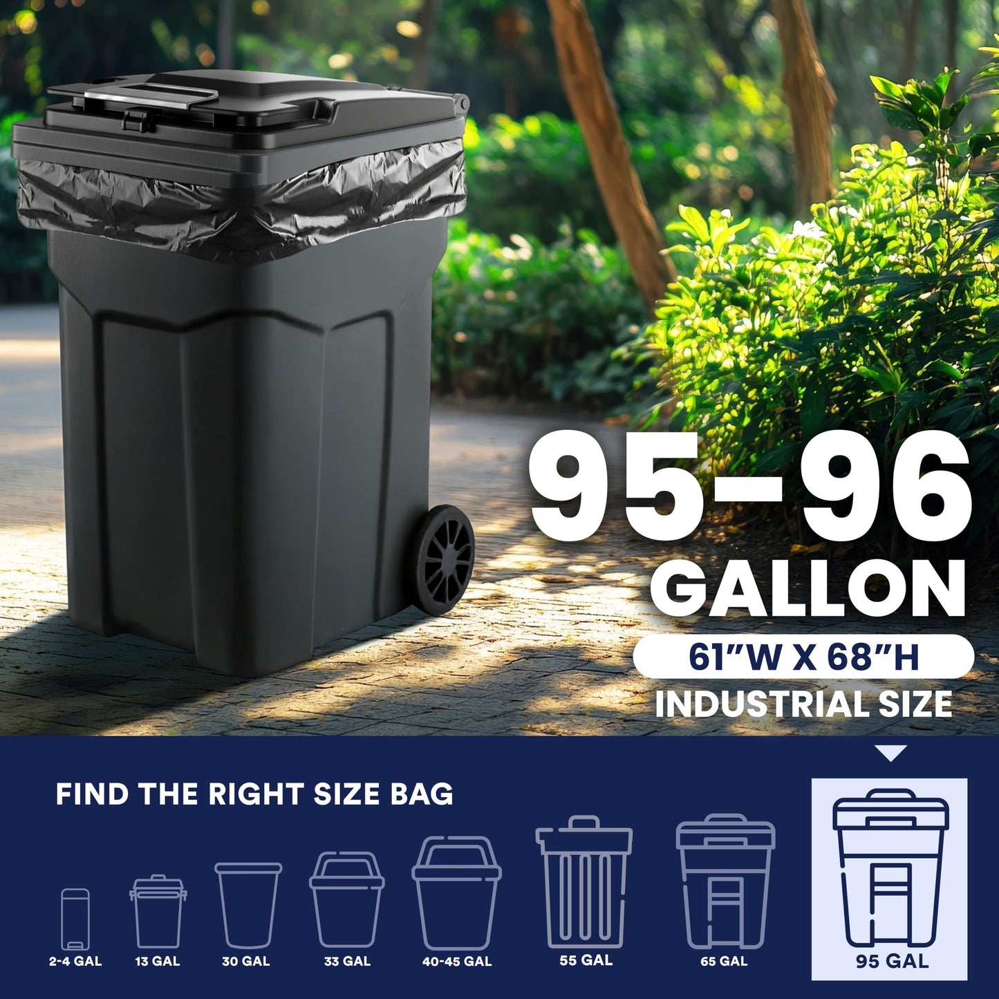 Plasticplace 95-96 Gallon Garbage Can Liners Heavy Duty 1.5 Mil Black Trash Bags Tear-Resistant Outdoor Garbage Bags for Rollaway Bins Large 61" x 68"