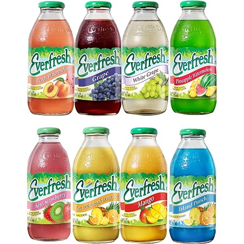BeeQ Box - (Pack of 8) Variety Everfresh Juice, 8 Differnt Flavors : Peach Watermelon, Grape, White Grape, Pineapple Watermelon, Kiwi Strawberry