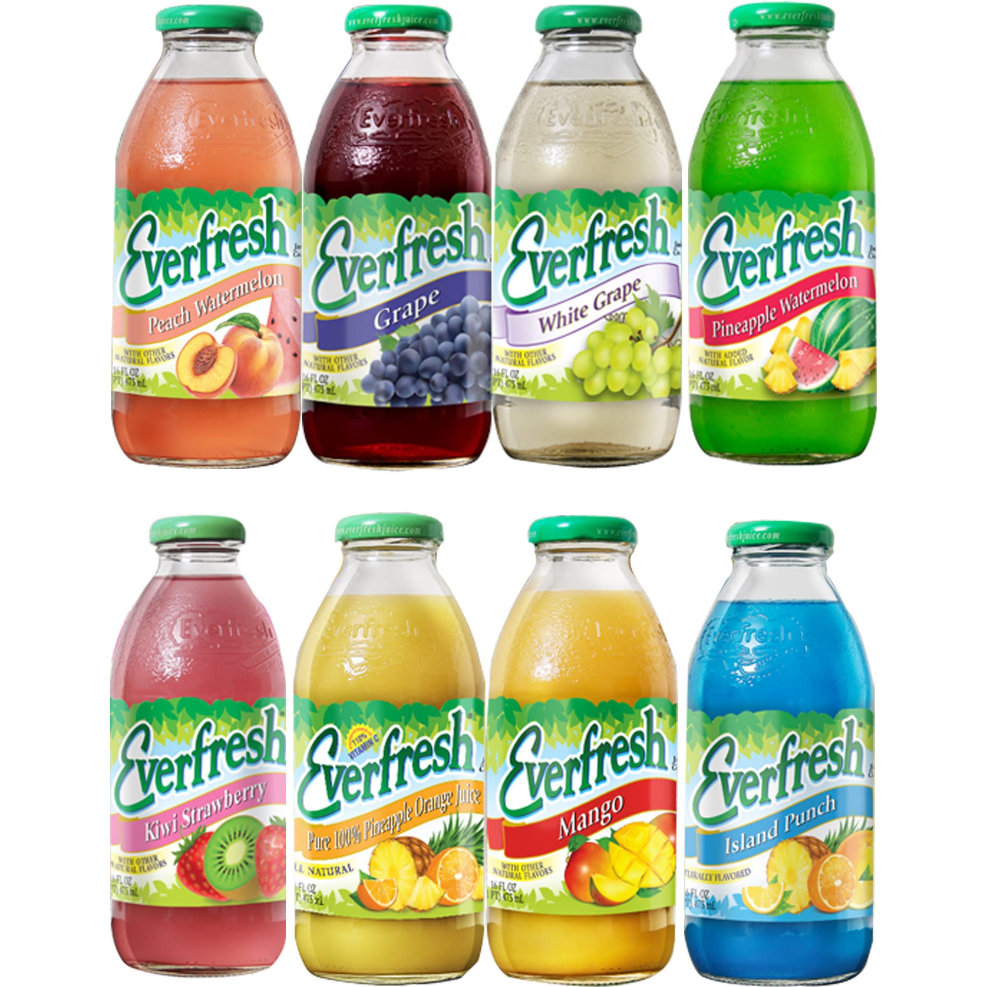 BeeQ Box - (Pack of 8) Variety Everfresh Juice, 8 Differnt Flavors : Peach Watermelon, Grape, White Grape, Pineapple Watermelon, Kiwi Strawberry