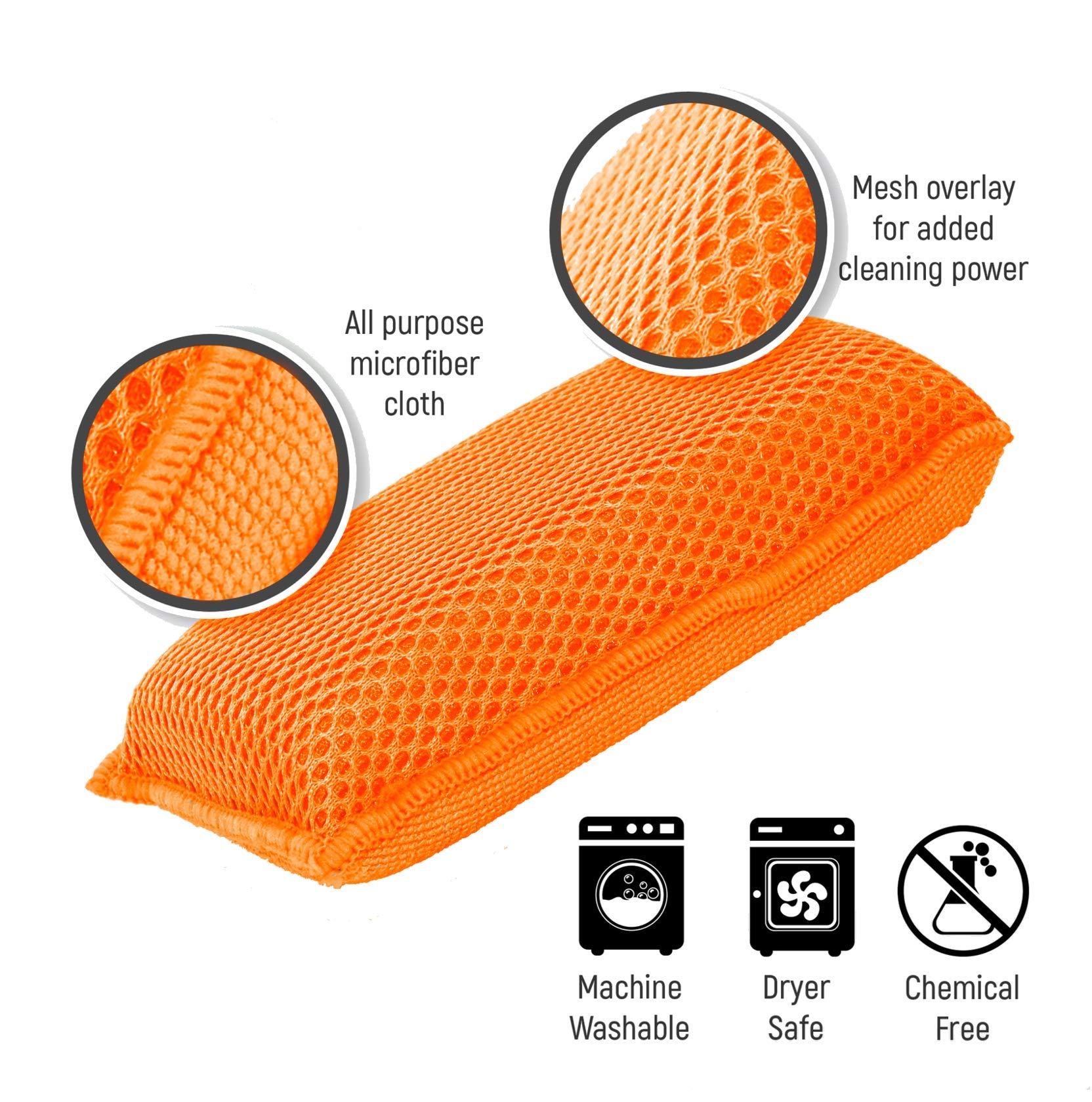 Miracle Microfiber Kitchen Sponge by Scrub-It - Non-Scratch Heavy Duty Dishwashing Cleaning sponges- Machine Washable- (Orange)