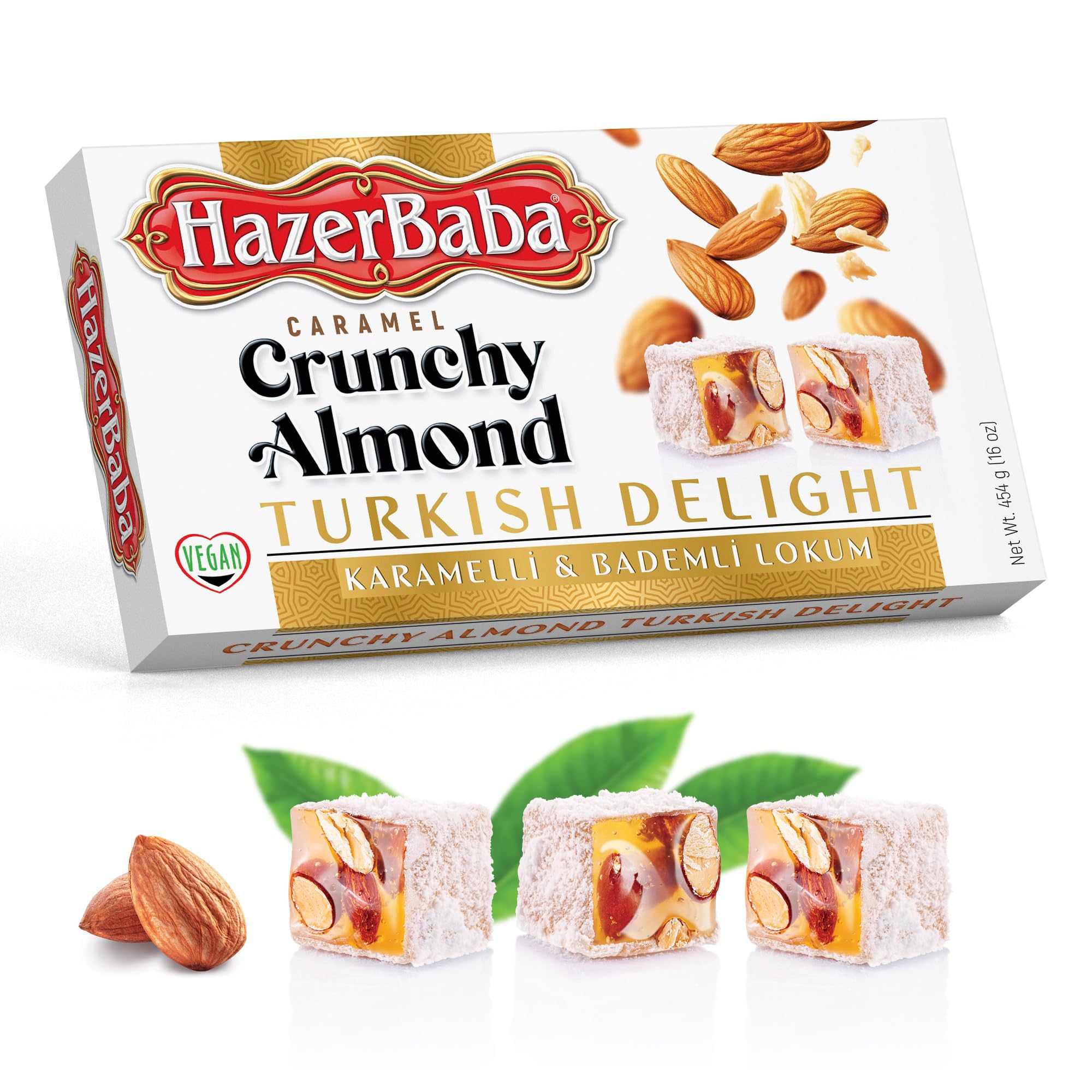 HazerBaba Turkish Delight Candy with Crunchy Almond, 16oz (Pack of 1)