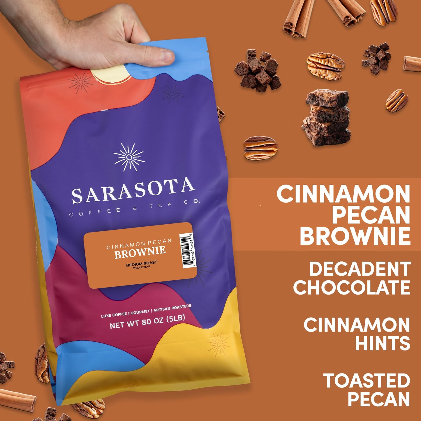 Sarasota Coffee Whole Bean Cinnamon Pecan Brownie | Medium Roast Gourmet Flavored Coffee Beans | Low Acid, Mold Free, Specialty Grade Bulk Coffee