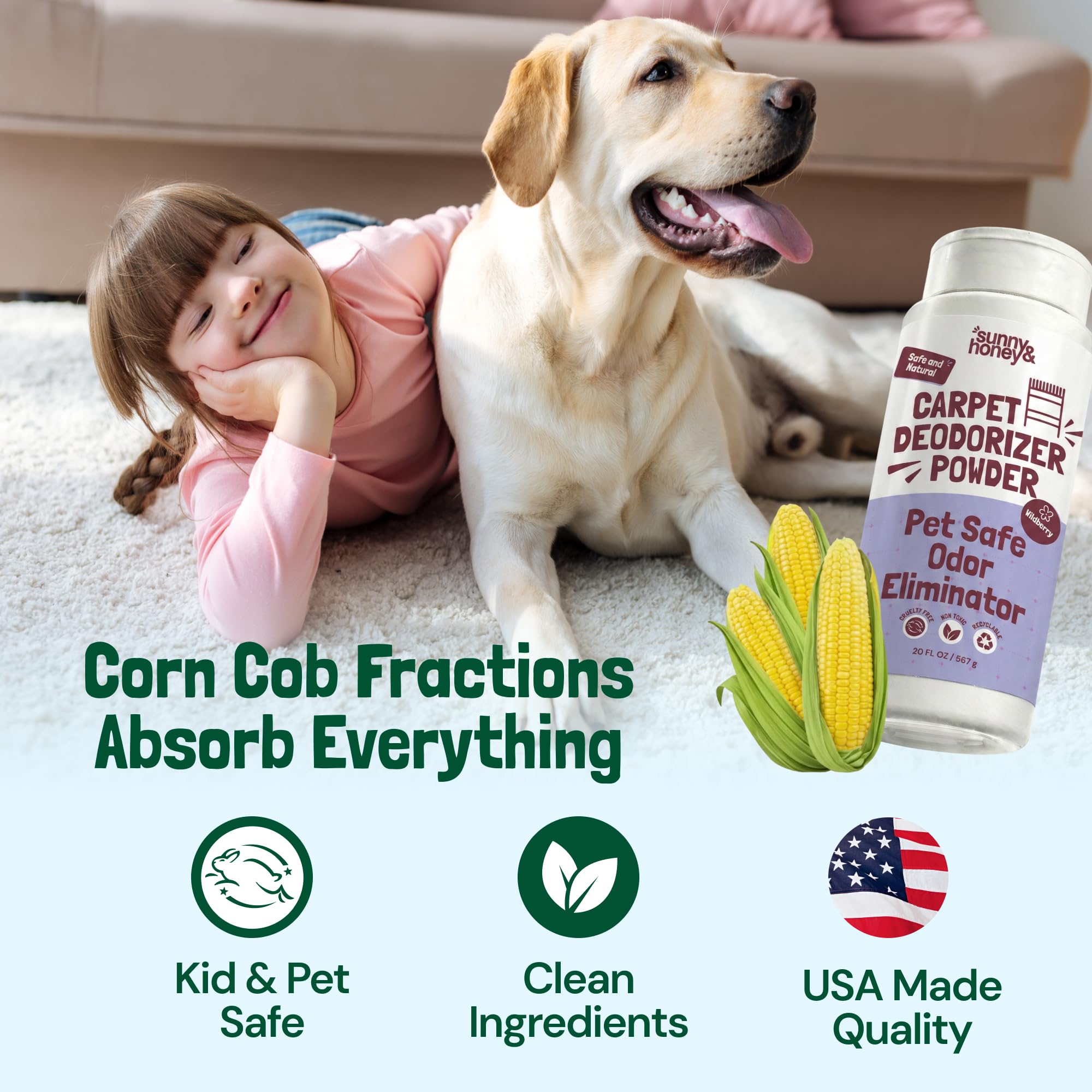 Sunny & Honey Carpet Deodorizer and Freshener Powder - Pet Safe Rug Refresher for Vacuuming - Berry Odor Eliminator for Strong Odor and Pet Urine (20