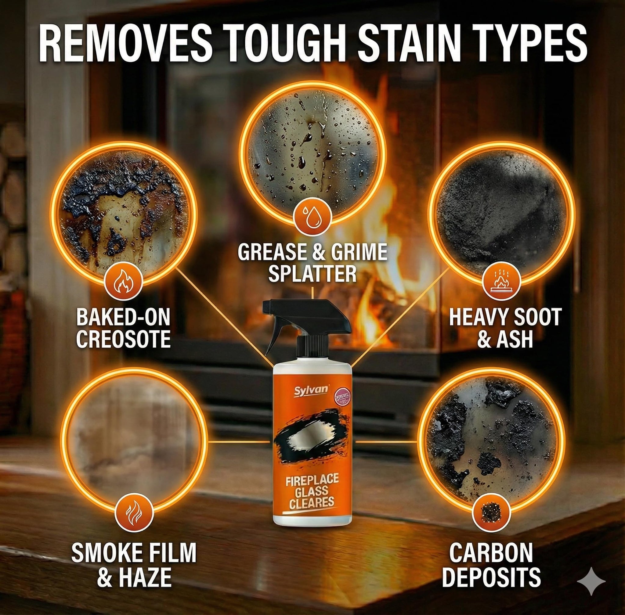 Sylvan Hills Fireplace Glass Cleaner 16 oz | Made in the USA | Removes Tough Stains | Heavy Duty Soot, Creosote & Smoke Stain Remover - Fast-Acting
