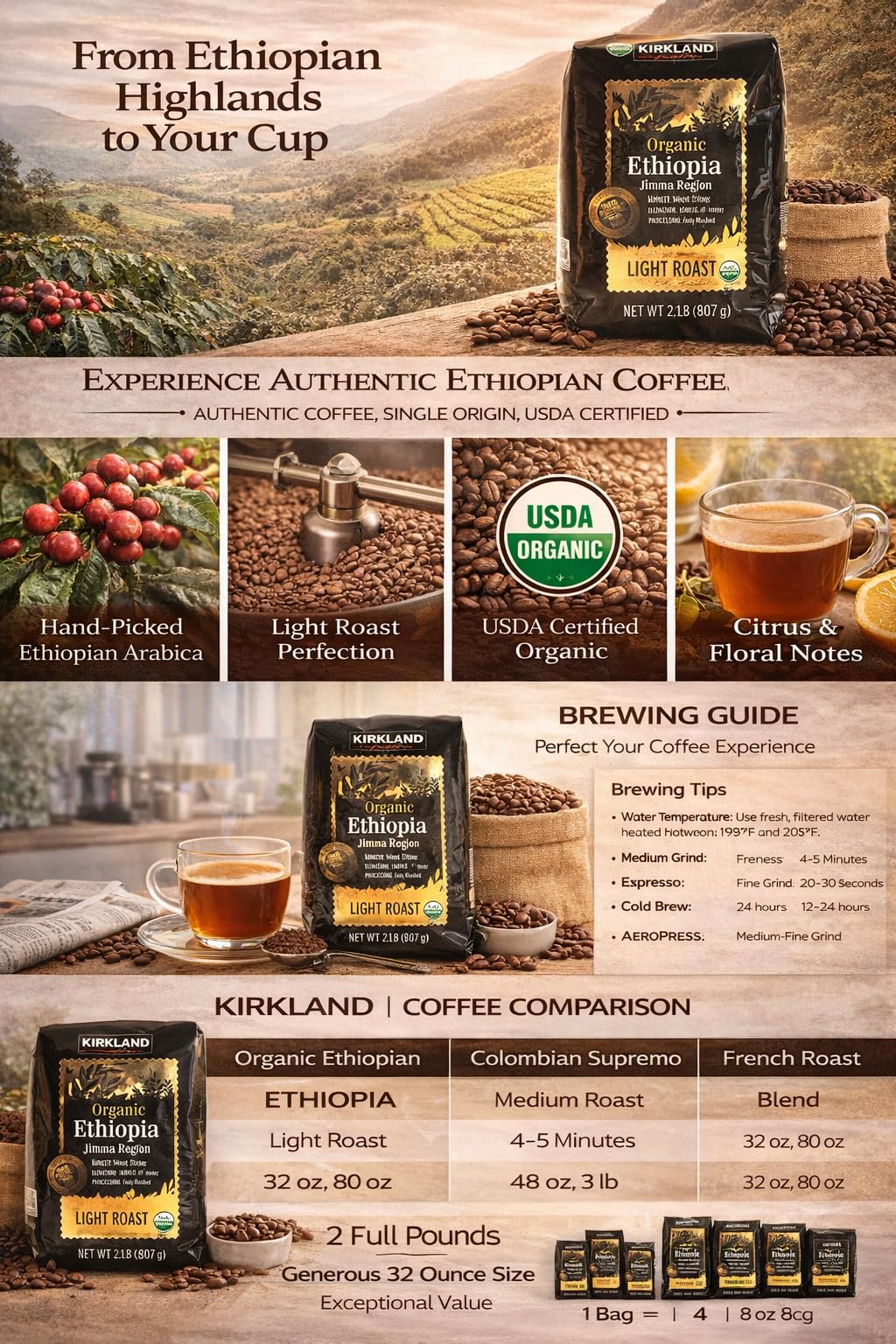 Kirkland Signature Organic Ethiopia Whole Bean Coffee, Light Roast (32 Ounce)