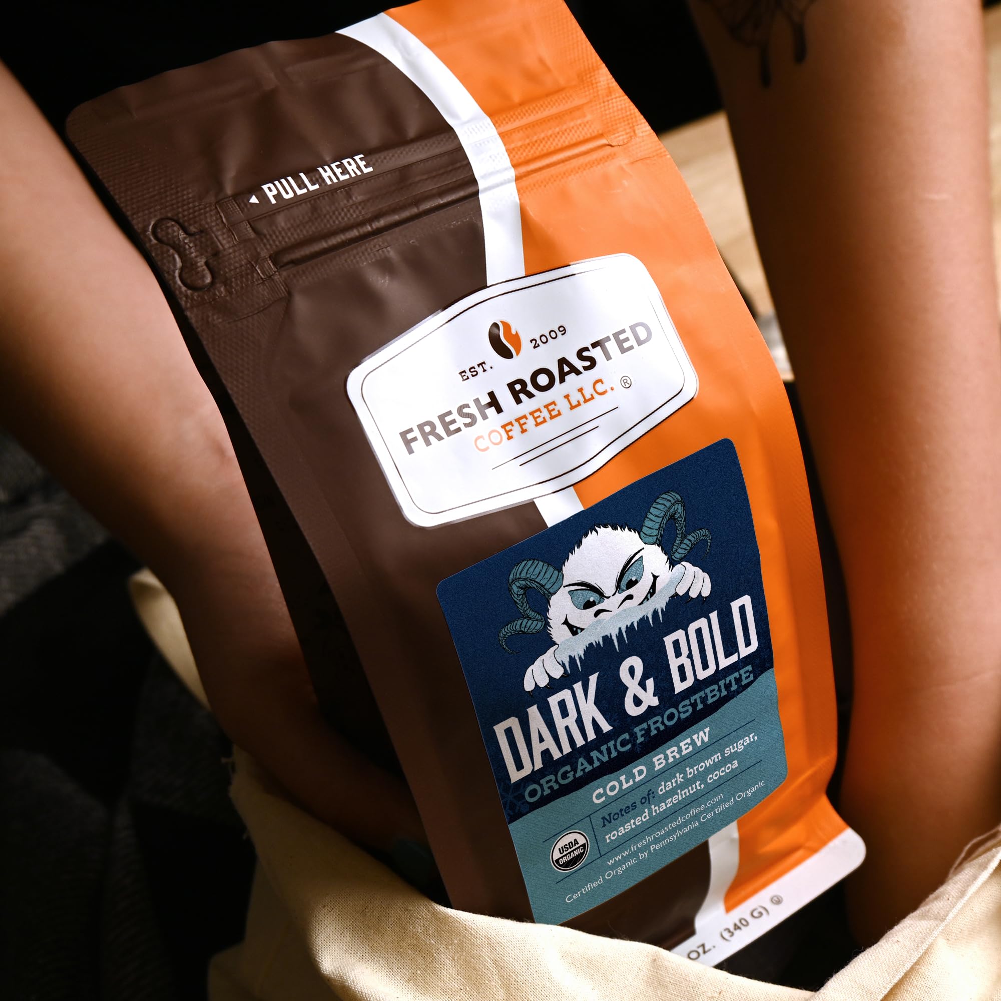 Fresh Roasted Coffee, Organic Dark & Bold Frostbite Cold Brew Whole Bean Coffee, Dark Roast, USDA Organic, Kosher, 12 oz