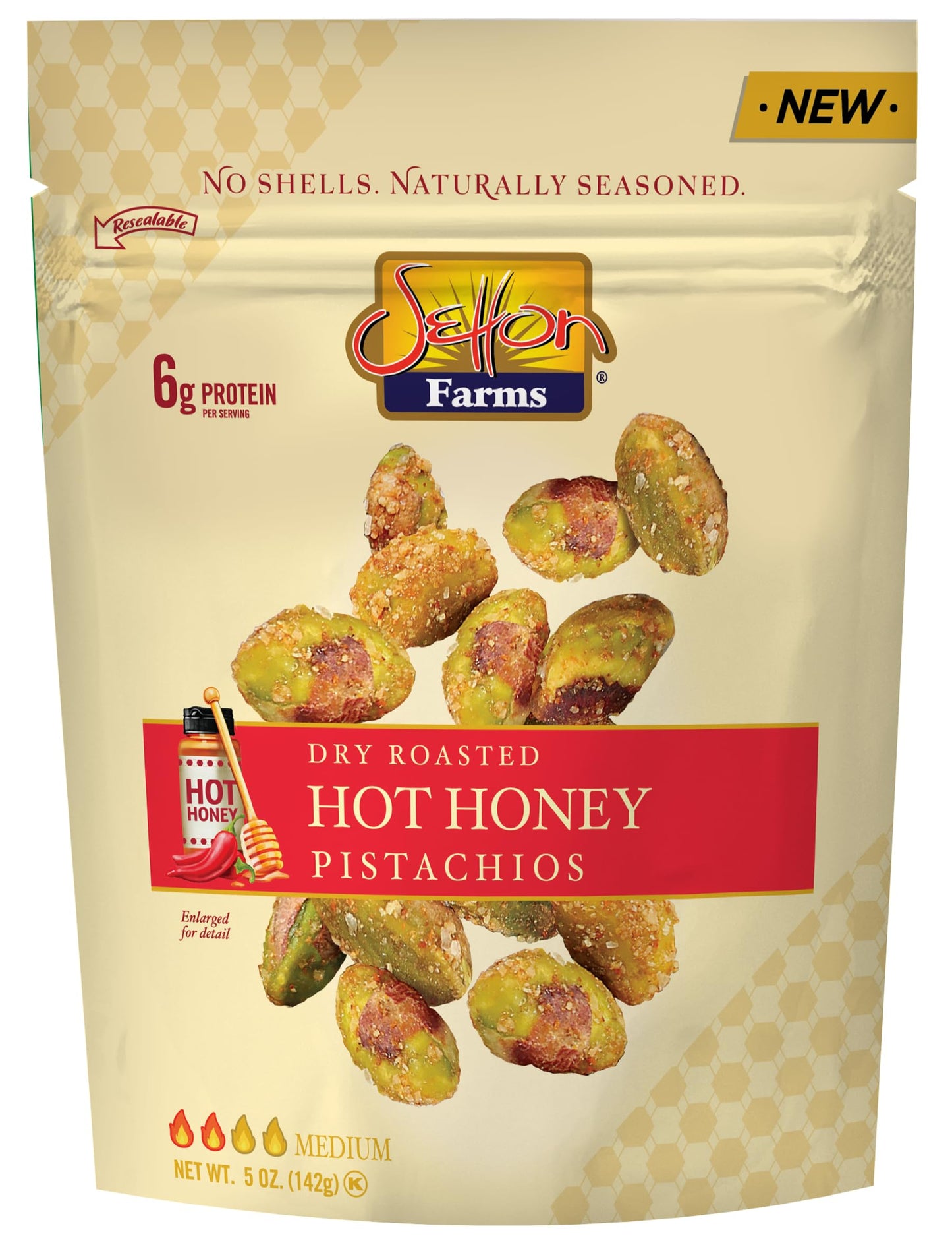 Setton Farms Naturally Seasoned Pistachio Kernels, Hot Honey, Dry Roasted, No Shell Pistachios, Certified Non-GMO, Gluten Free, Vegan and Kosher, 5 oz