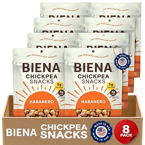 BIENA Chickpea Snacks - Crunchy Roasted Chickpeas - High Fiber Vegan Protein Snacks for Adults and Kids - 8-Pack, 5 Ounce - Habanero