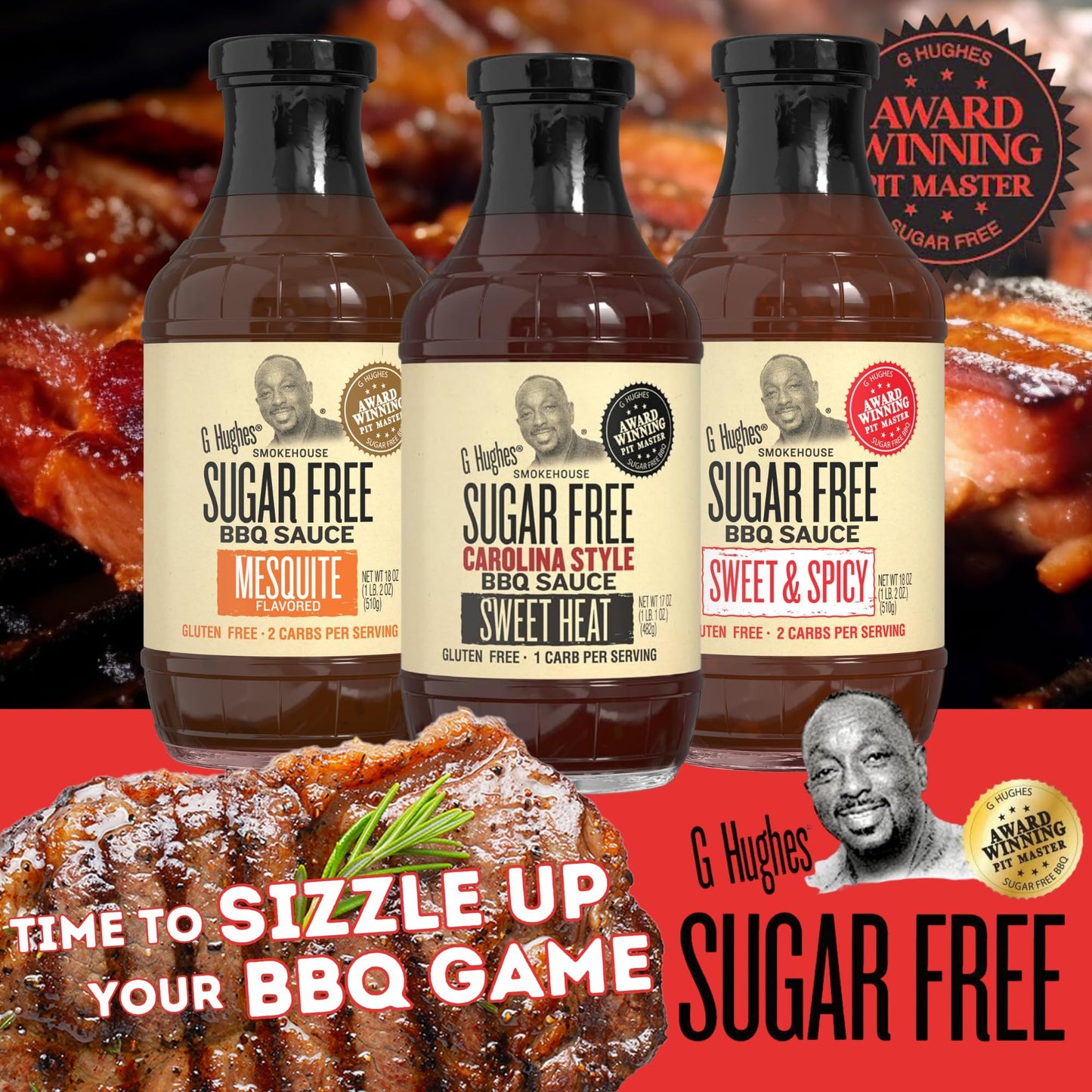 G Hughes Sugar Free Mesquite, Sweet Heat, Sweet and Spicy - 18 Oz (3-Pack)