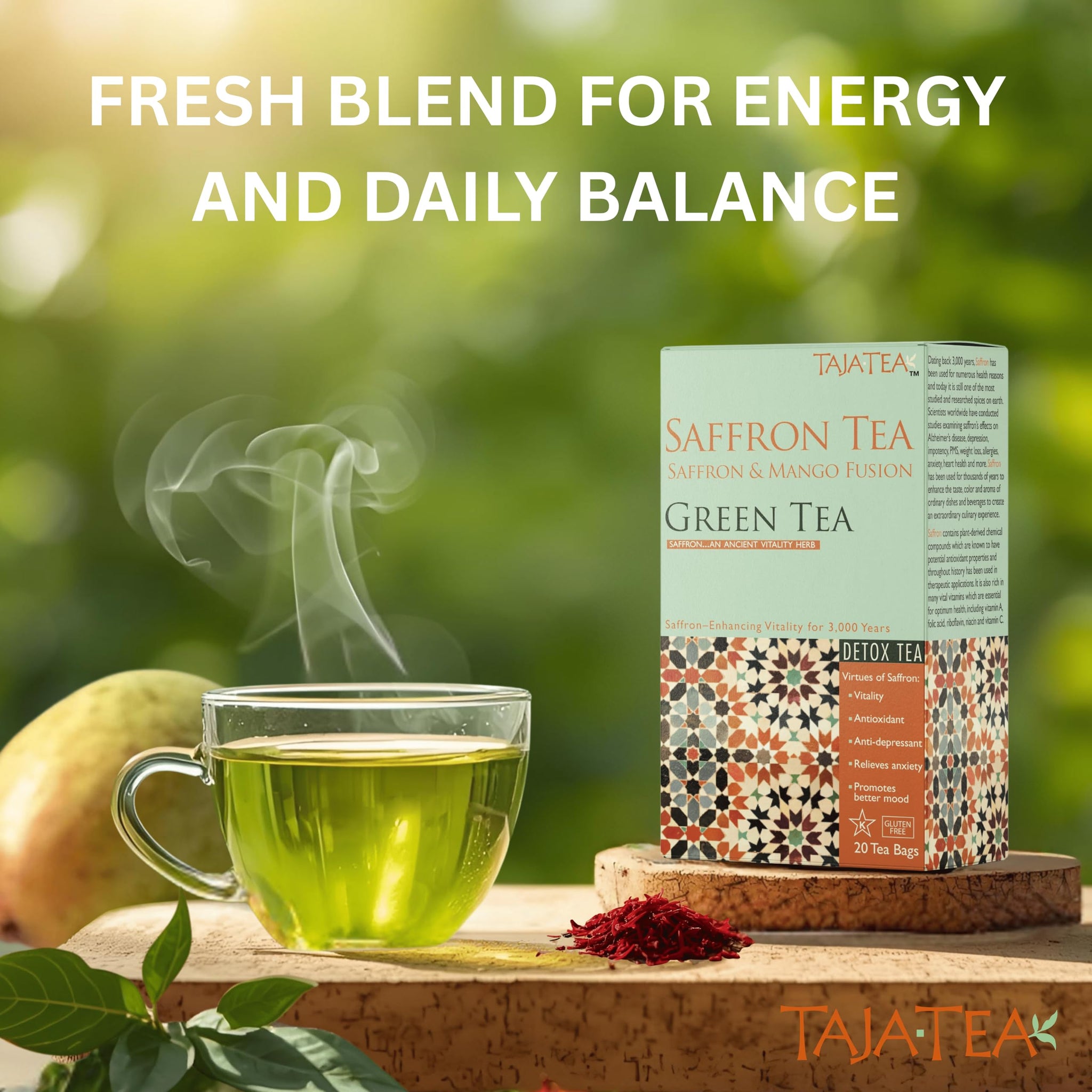 Taja Saffron Tea - Saffron & Mango Fusion Green Tea, Mood Boosting, Detox, Revive and Refresh Blend, Caffeinated | Gluten Free | Kosher, 20 Tea Bags