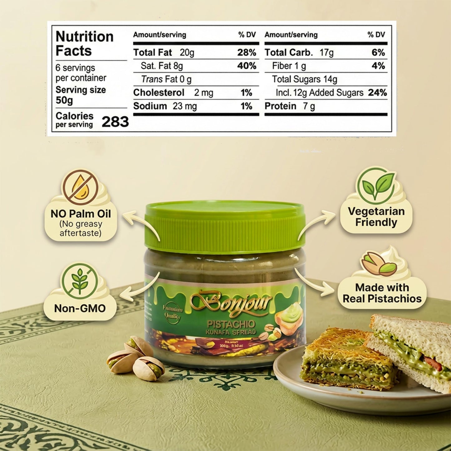 Bonjour Pistachio Kunafa Spread - Authentic Pistachio Cream for Dubai Chocolate Filling - No Artificial Flavours - Premium Pistachio Butter for Dubai