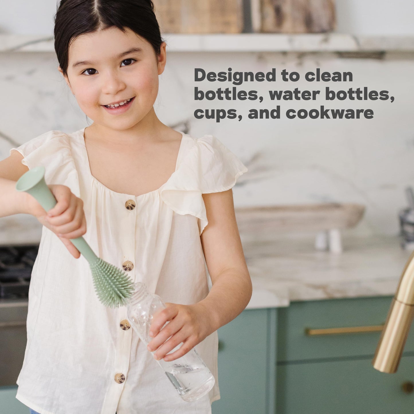 ezpz Bottle Brush (Sage) - Odor-Resistant Silicone Cleaning Tool with Long Sturdy Handle and Suction Base - Flexible Top for Tight Spaces - Gently