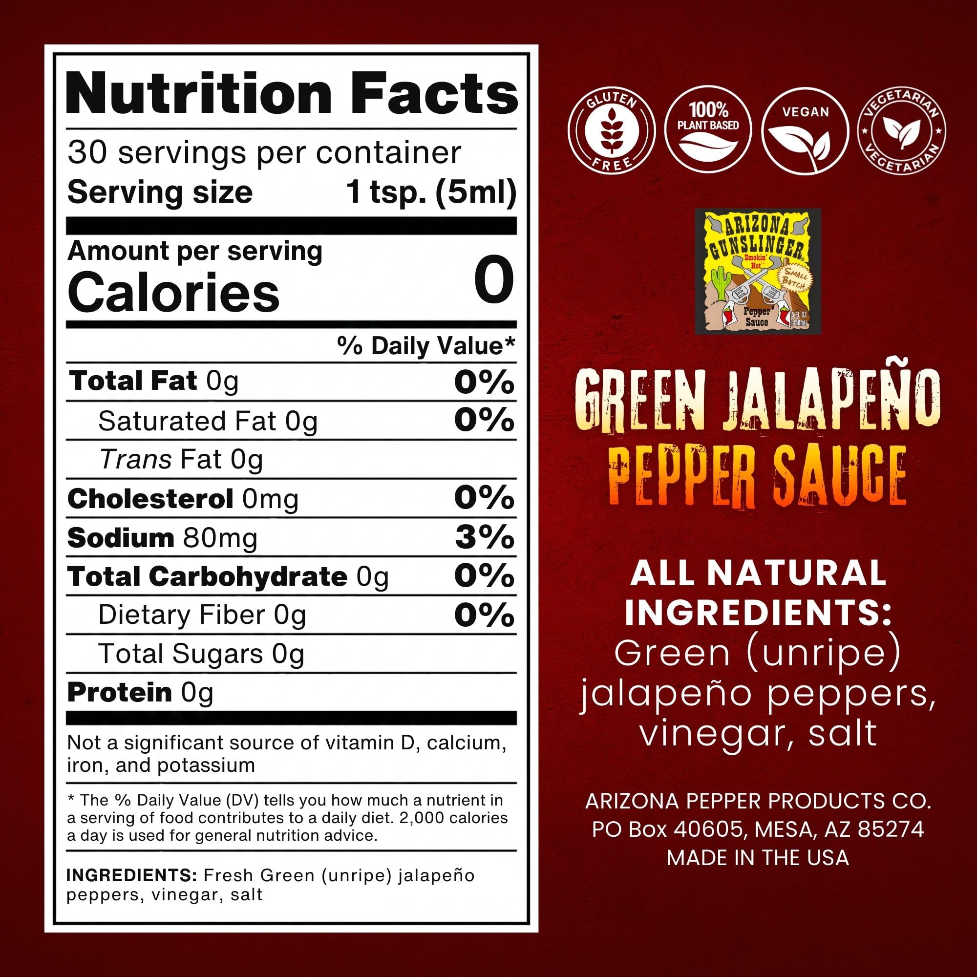 Arizona Gunslinger Zesty Jalapeño Green Hot Sauce, Low Sodium Mild Salsa Verde - Mexican Pepper Blend for Tacos, Burritos, Nachos & More, Smooth Verde
