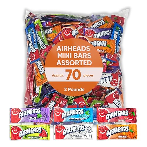 Airheads Mini Bars 2 Pounds Approx 70 Pieces - Individually Wrapped - Assorted Fruit Flavored Cherry - Grape - Mystery Flavor - Orange & Watermelon