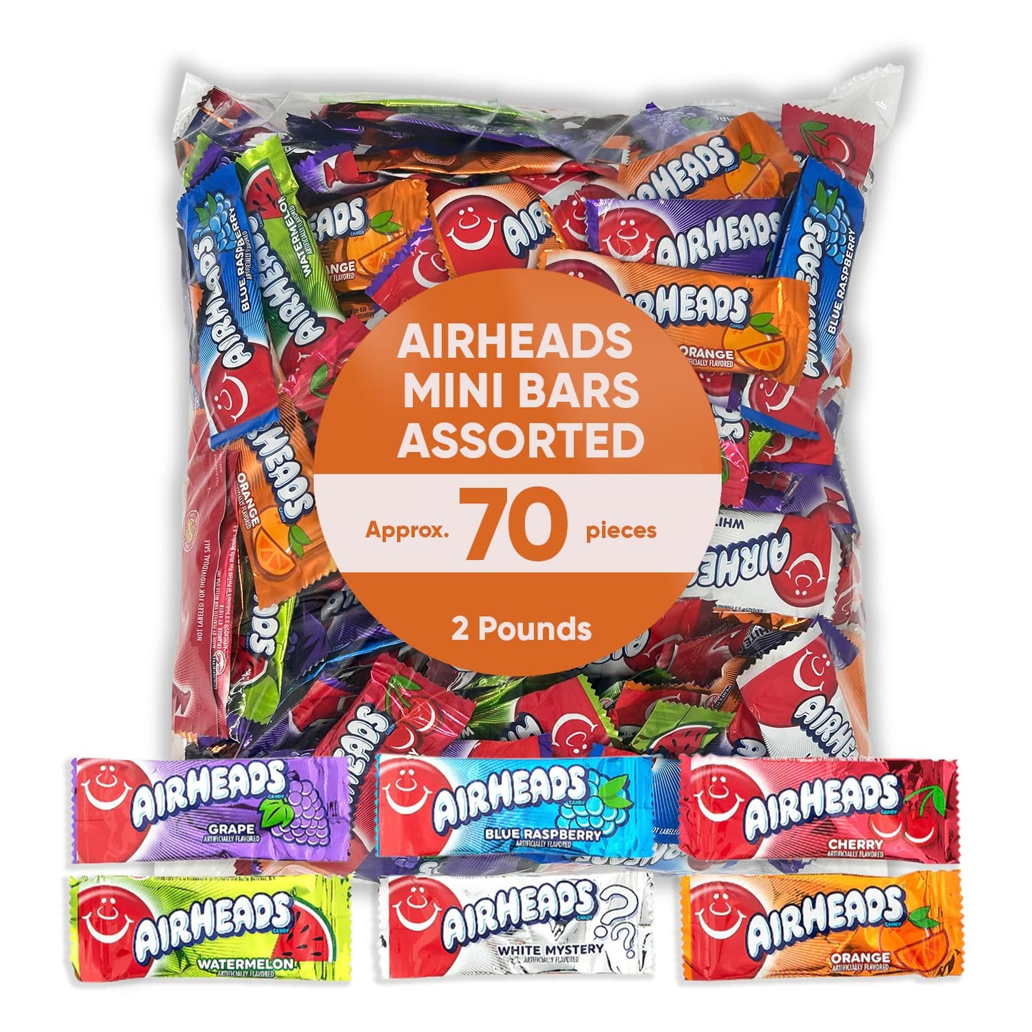Airheads Mini Bars 2 Pounds Approx 70 Pieces - Individually Wrapped - Assorted Fruit Flavored Cherry - Grape - Mystery Flavor - Orange & Watermelon