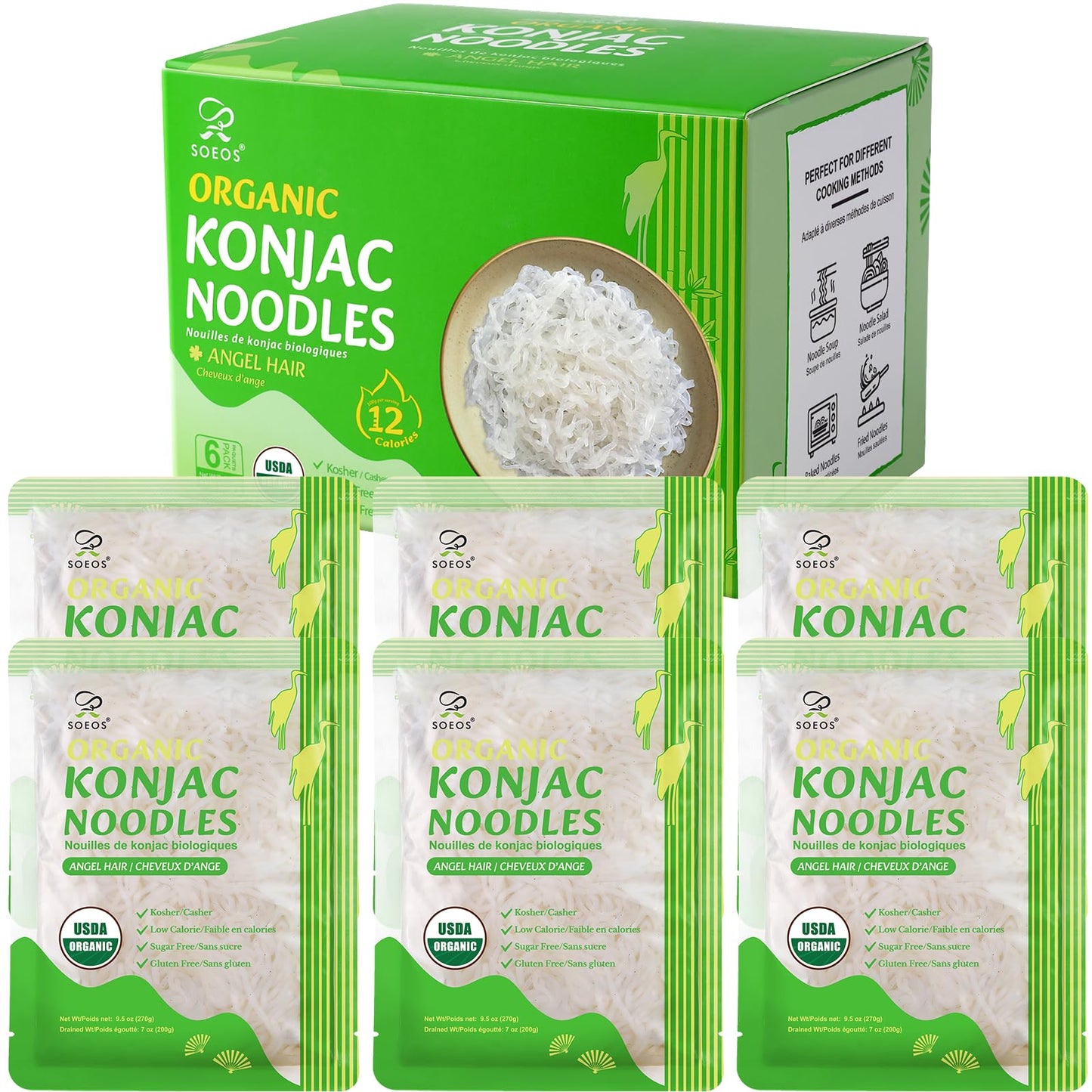 Soeos Organic Konjac Noodles, Angel Hair Pasta, 9.5 oz (270g)*6 Pack, Low Calorie, Low Carb, Keto and Paleo Friendly Shirataki Noodle, Gluten-Free