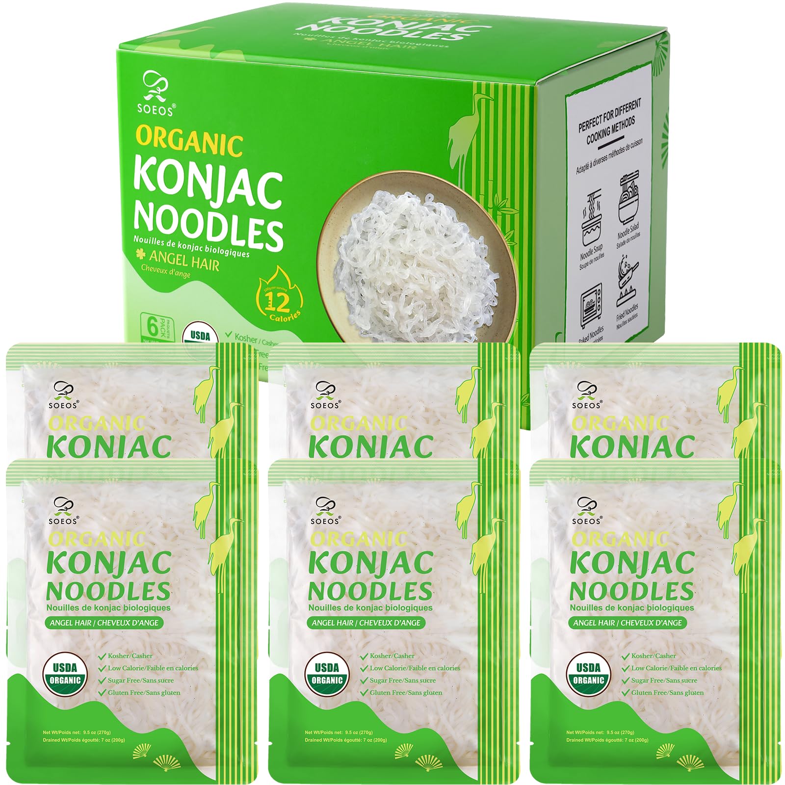 Soeos Organic Konjac Noodles, Angel Hair Pasta, 9.5 oz (270g)*6 Pack, Low Calorie, Low Carb, Keto and Paleo Friendly Shirataki Noodle, Gluten-Free