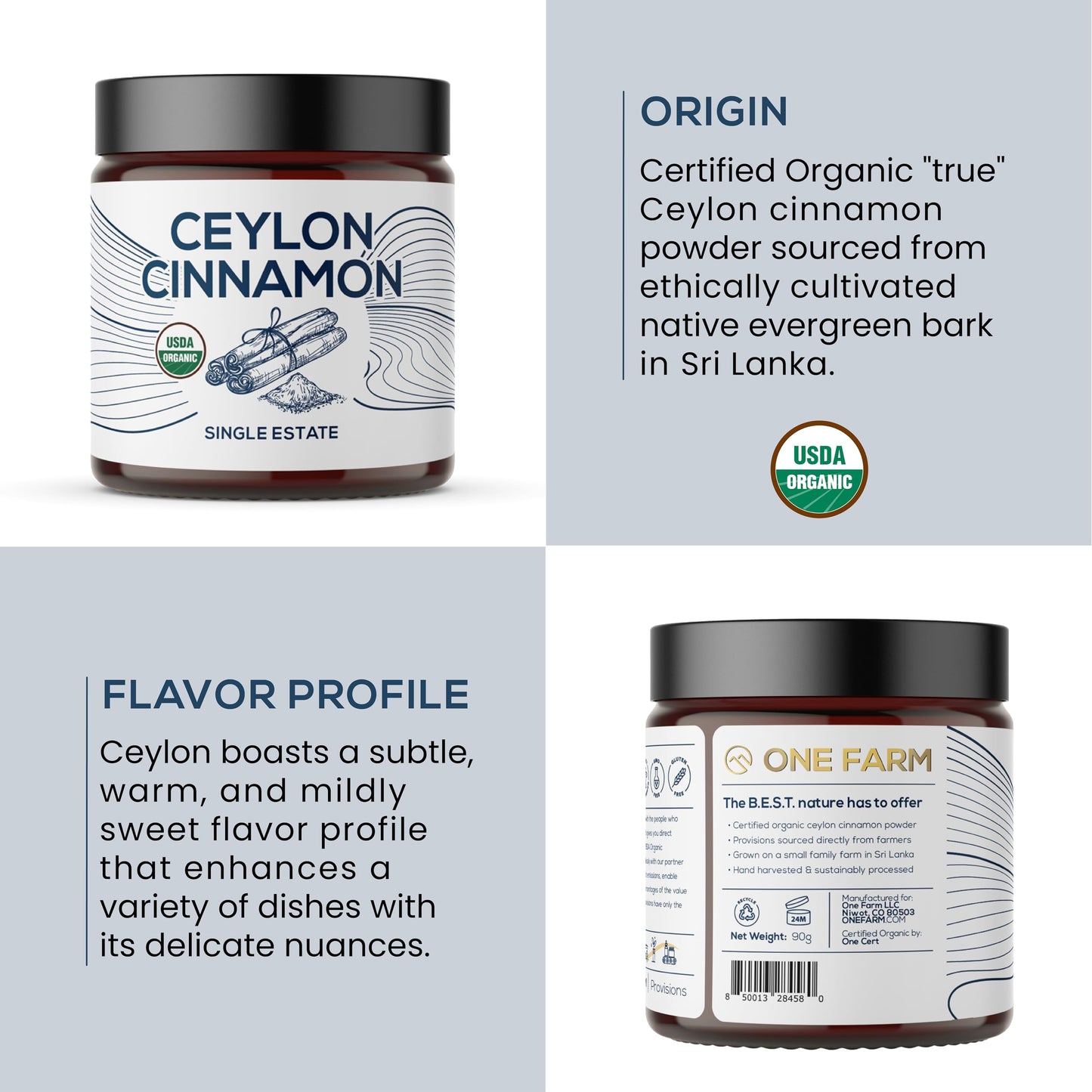 One Farm by WAAYB Organic Ceylon Cinnamon, Single Estate, Freshly Ground Premium Sri Lanka Cinnamon, Non-GMO, Fair-Trade & Gluten Free in Resealable
