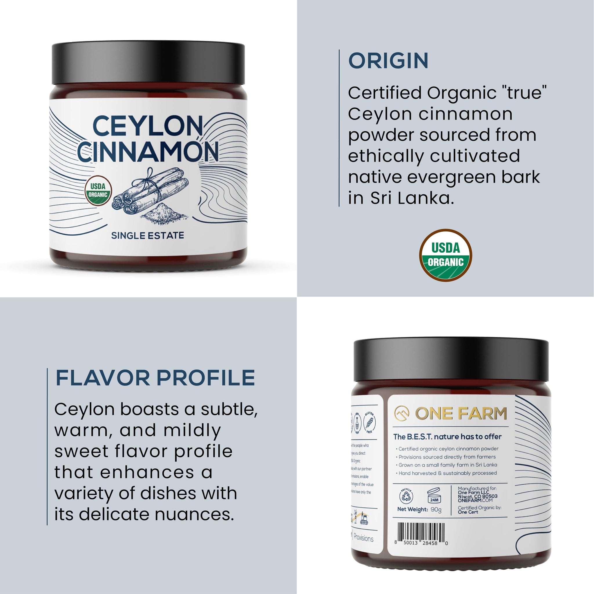 One Farm by WAAYB Organic Ceylon Cinnamon, Single Estate, Freshly Ground Premium Sri Lanka Cinnamon, Non-GMO, Fair-Trade & Gluten Free in Resealable