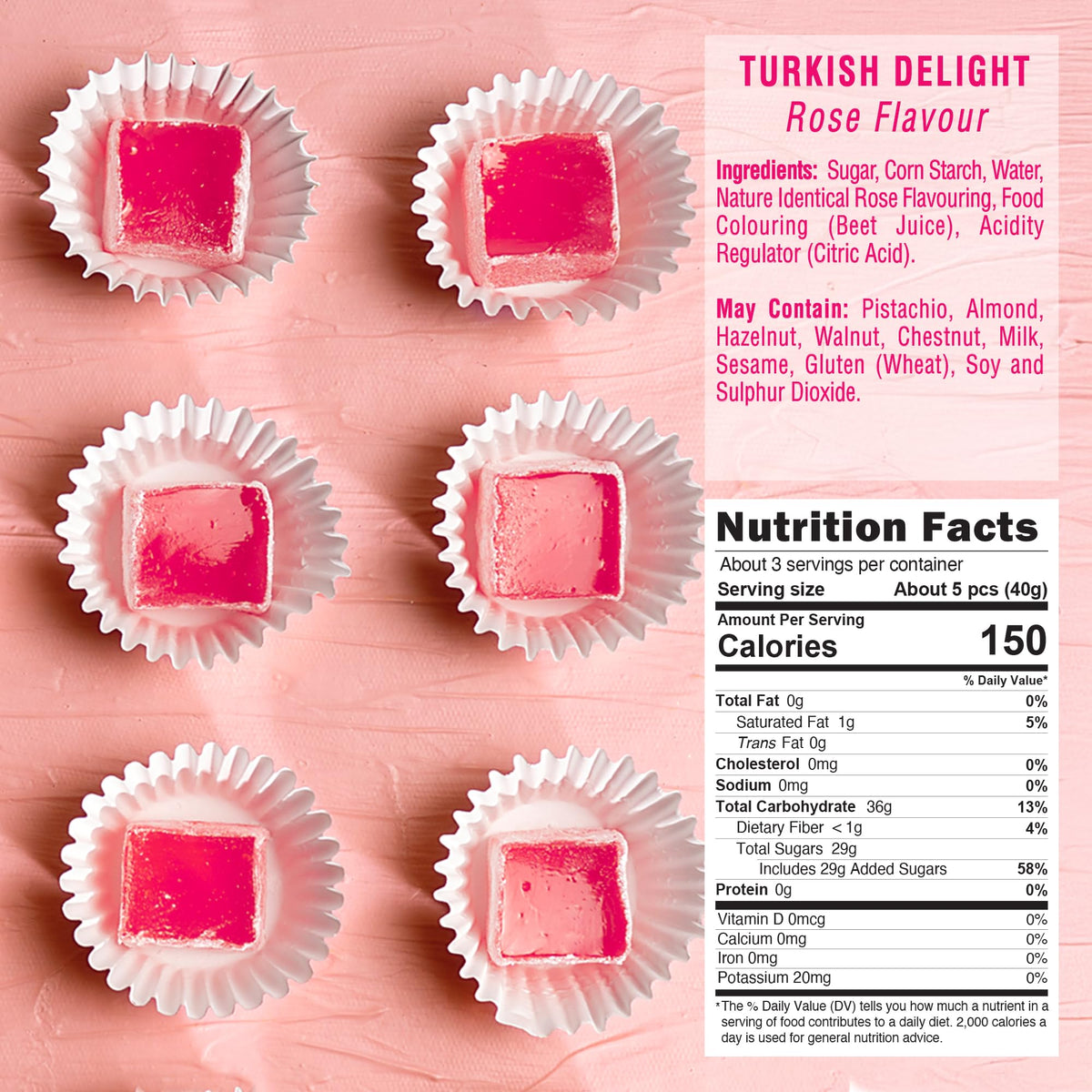 HazerBaba Turkish Delight Rose Candy, 4.4oz (Pack of 1), Vegan Snack Box